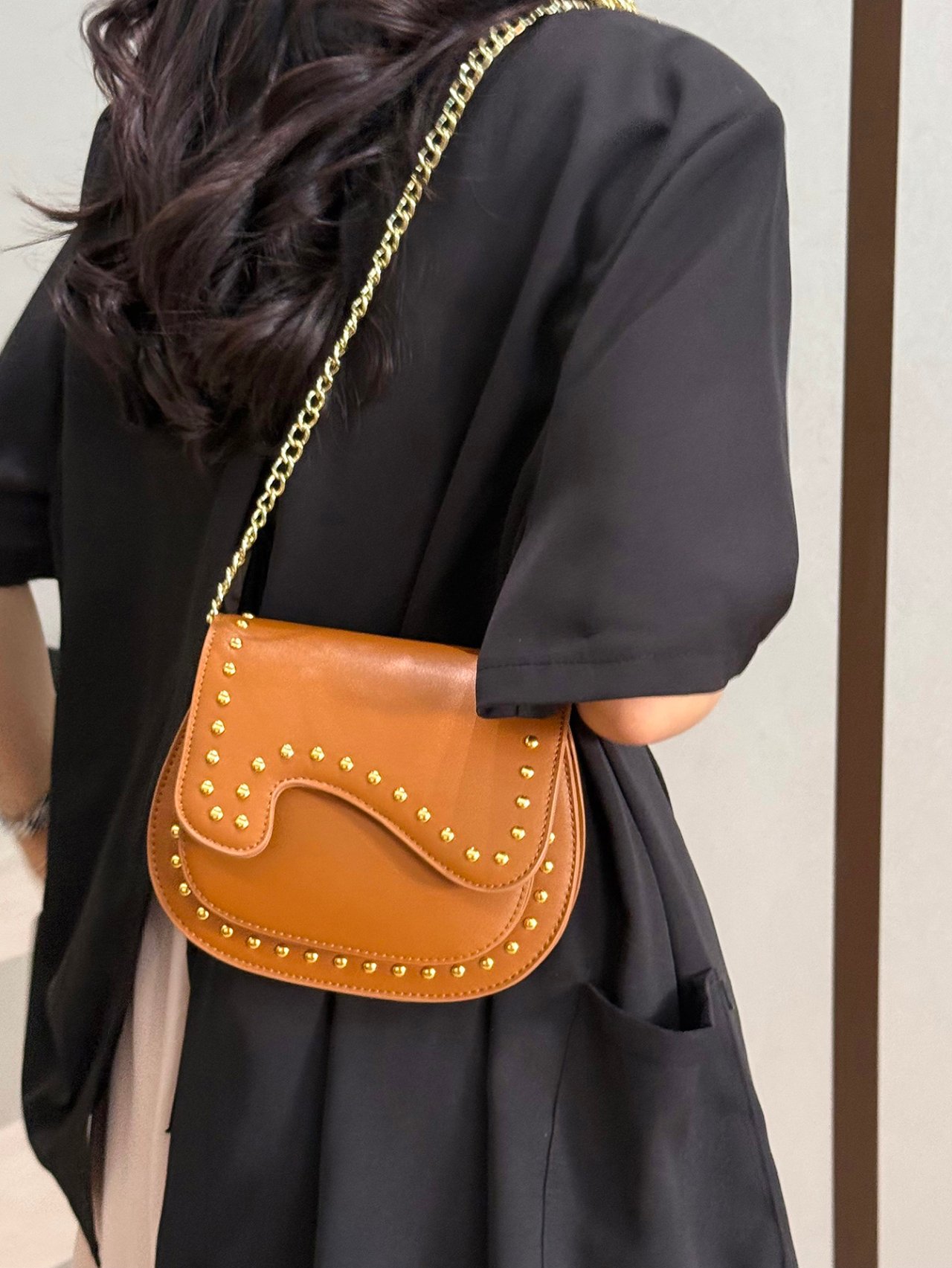 Rust Studded Saddle Crossbody Bag