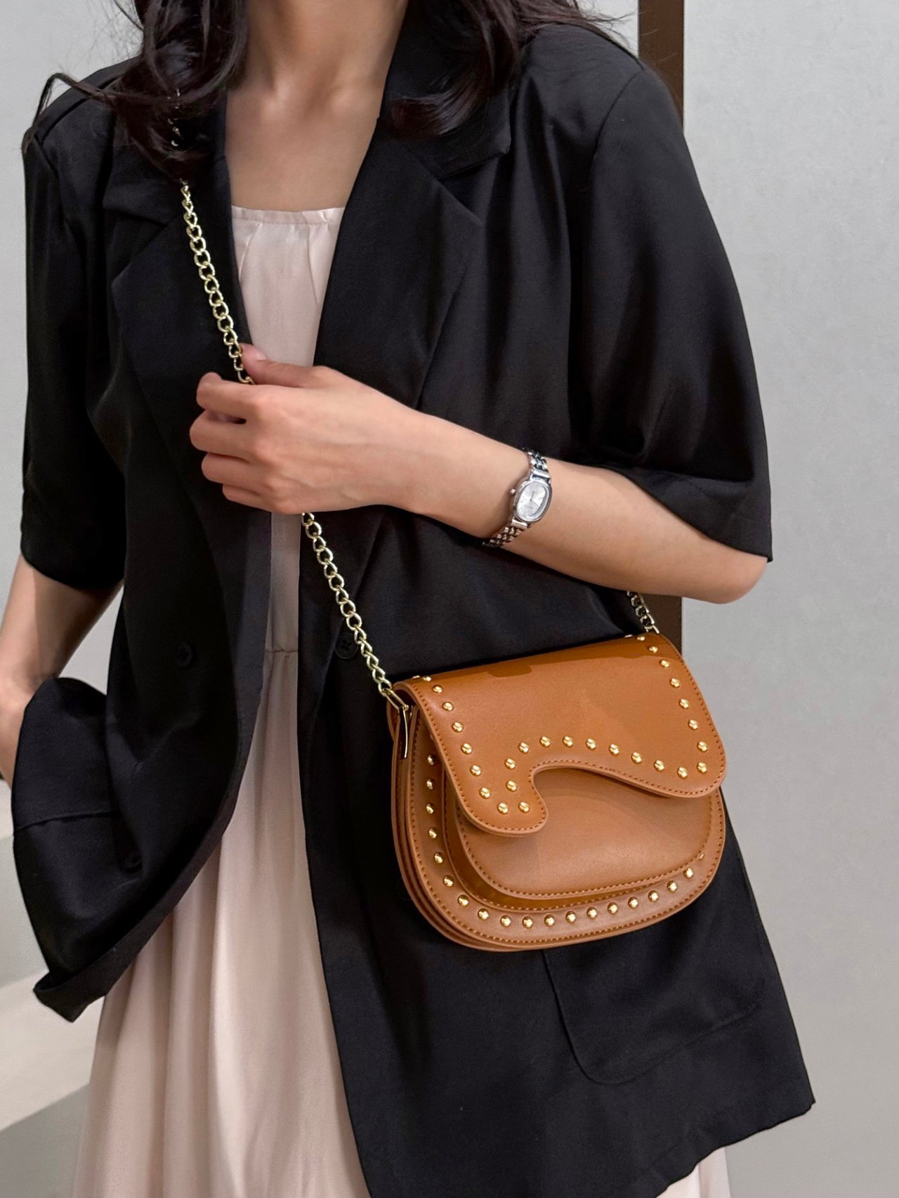 Rust Studded Saddle Crossbody Bag