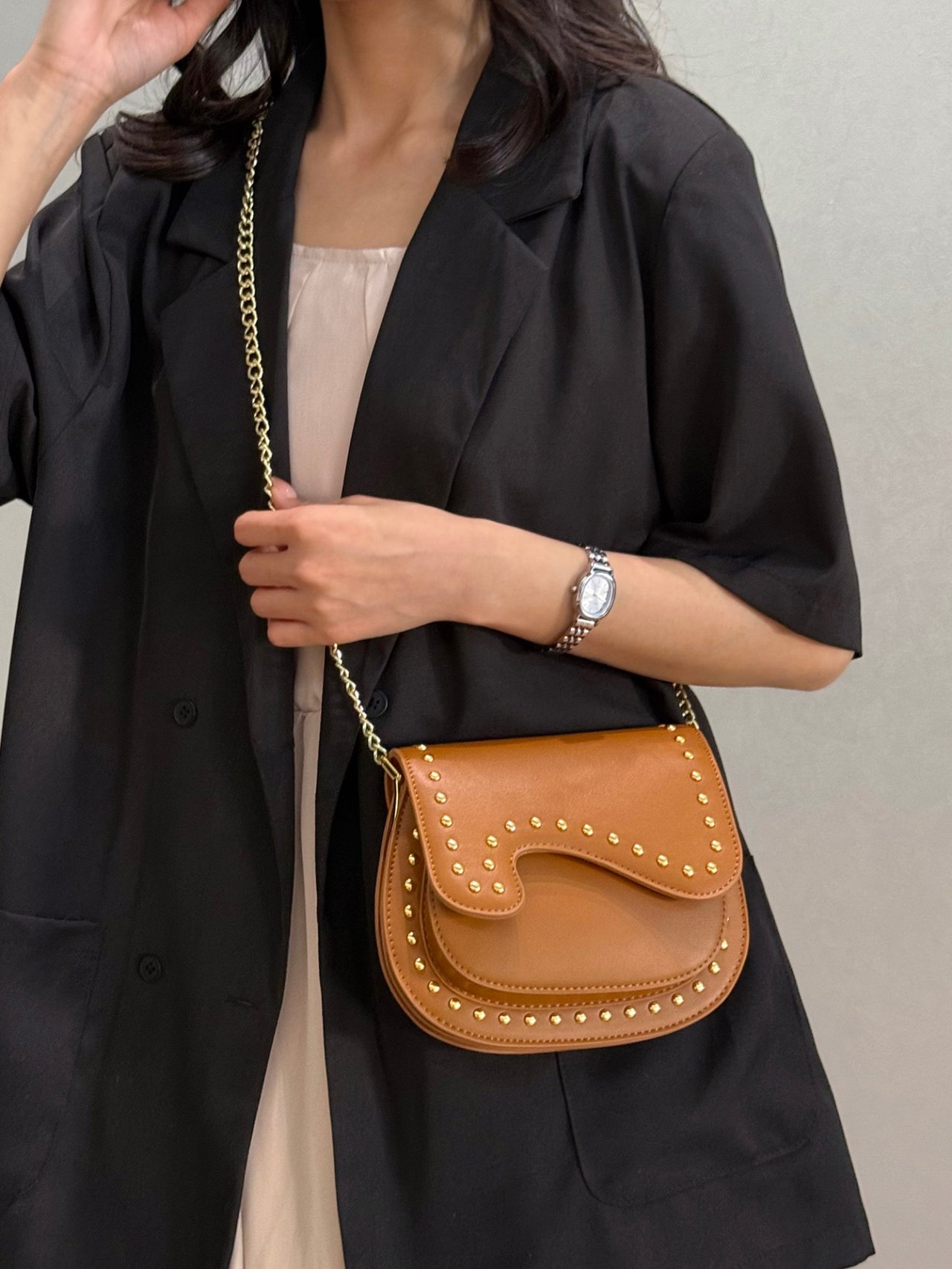 Rust Studded Saddle Crossbody Bag