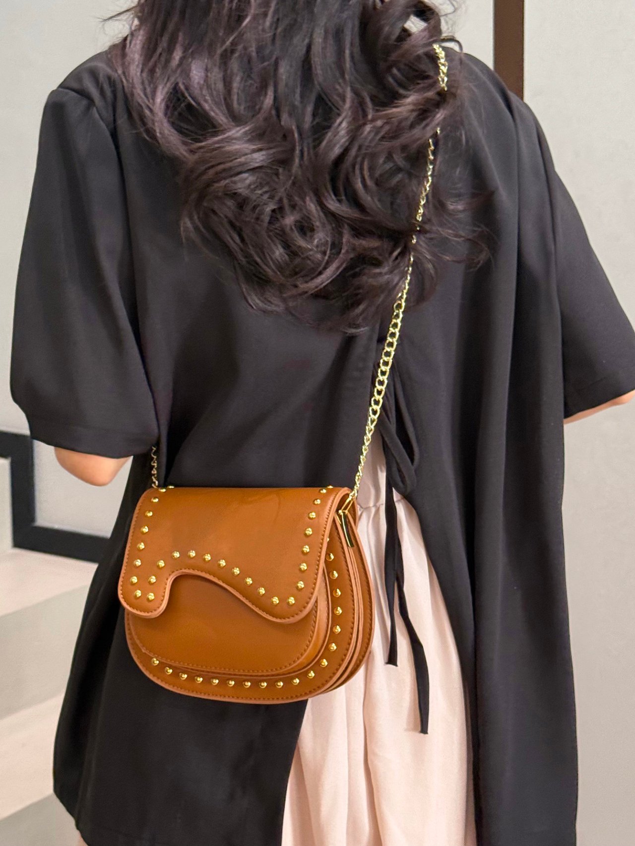 Rust Studded Saddle Crossbody Bag