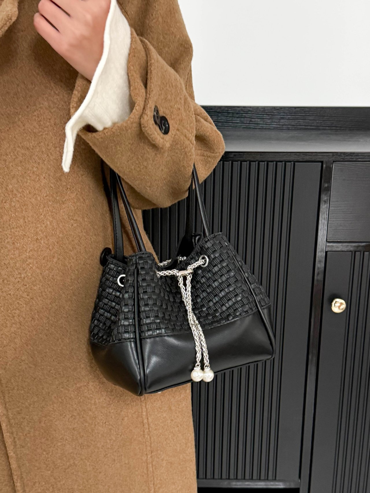 Black Textured Handbag with Chain Detail