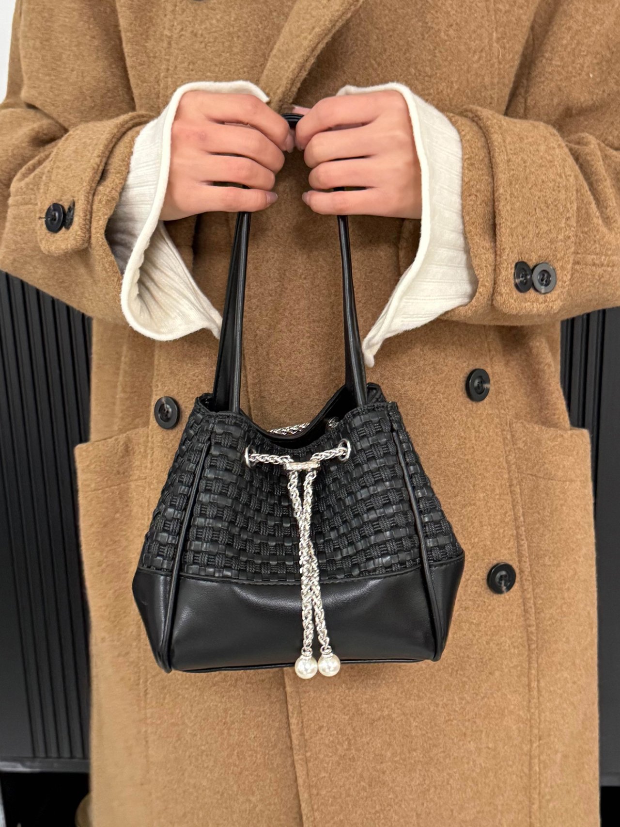 Black Textured Handbag with Chain Detail