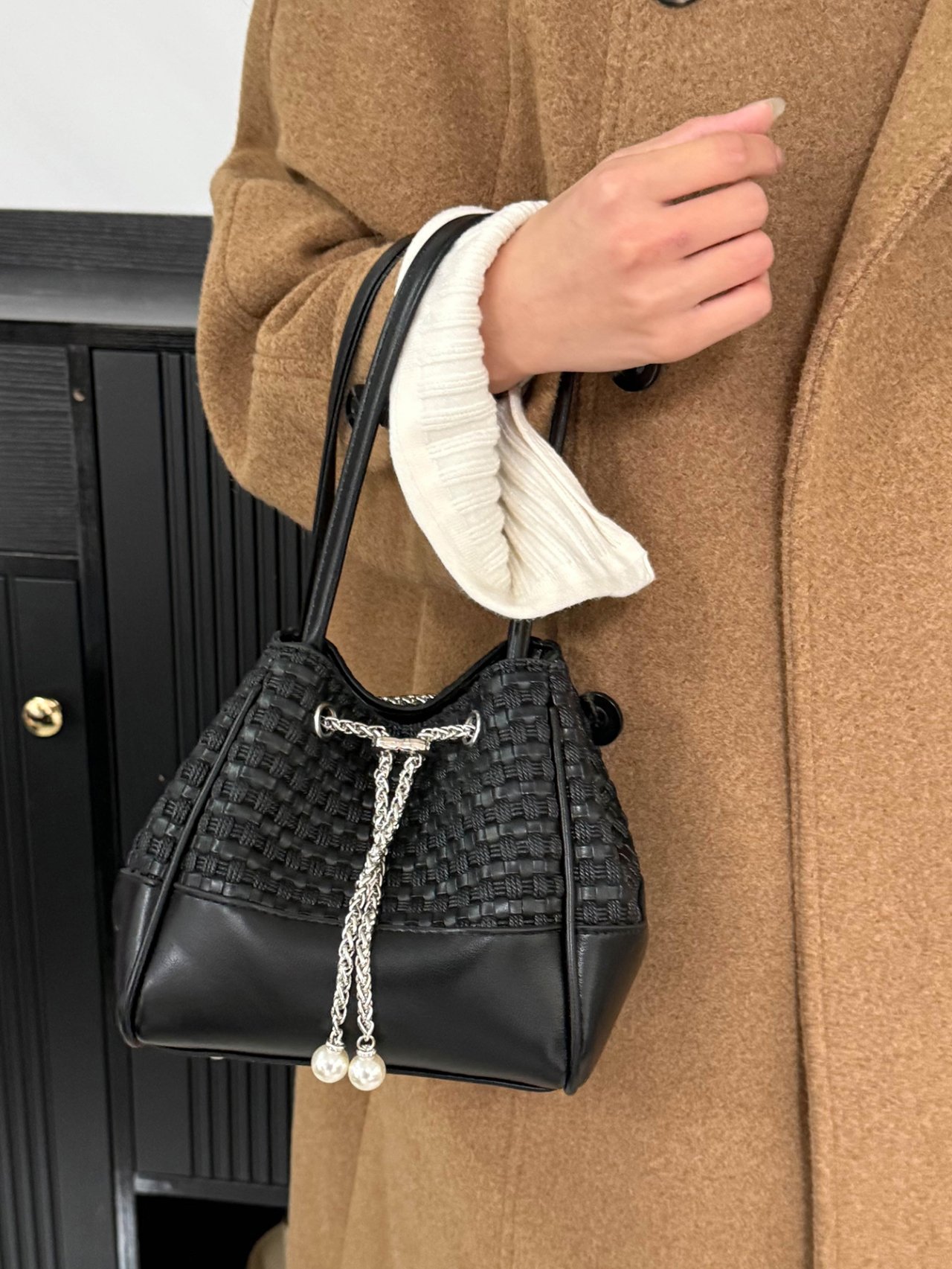 Black Textured Handbag with Chain Detail