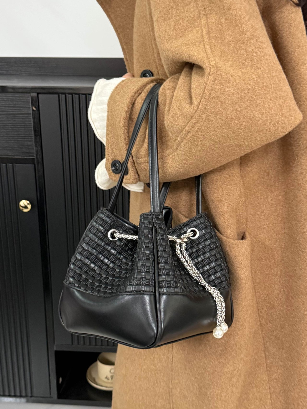 Black Textured Handbag with Chain Detail