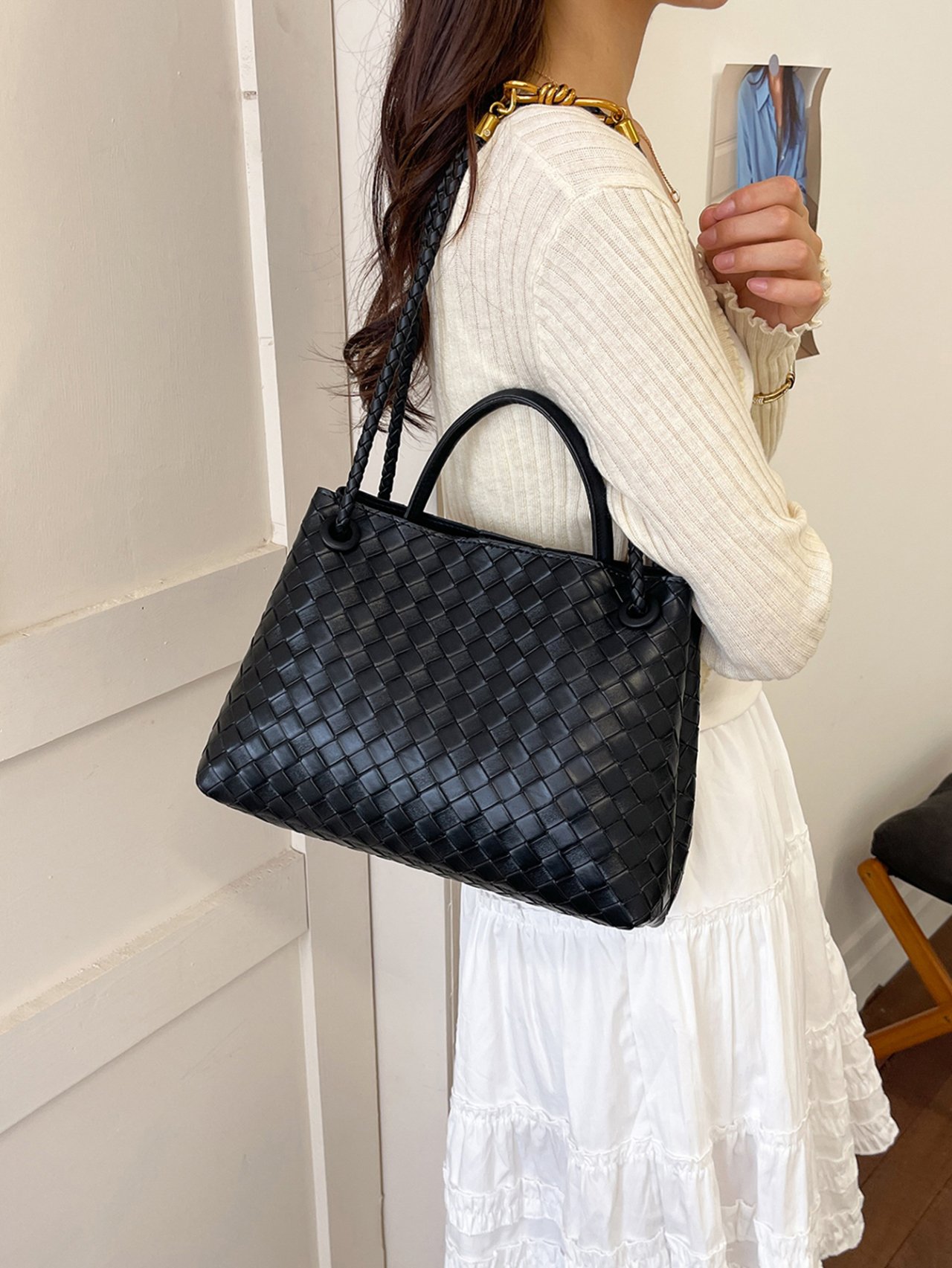Black Woven Shoulder Bag