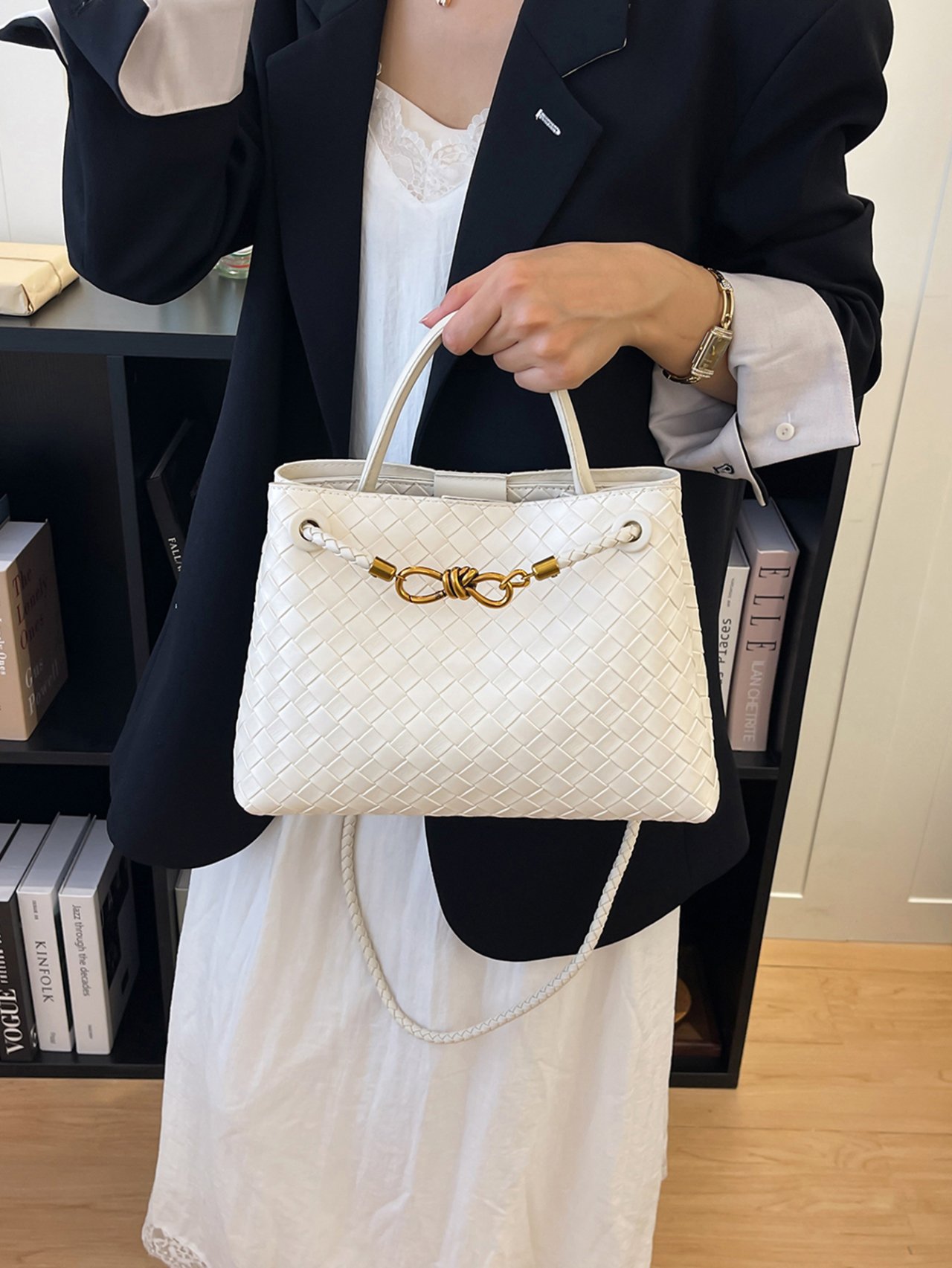 White Woven Shoulder Bag with Gold Knot Detail