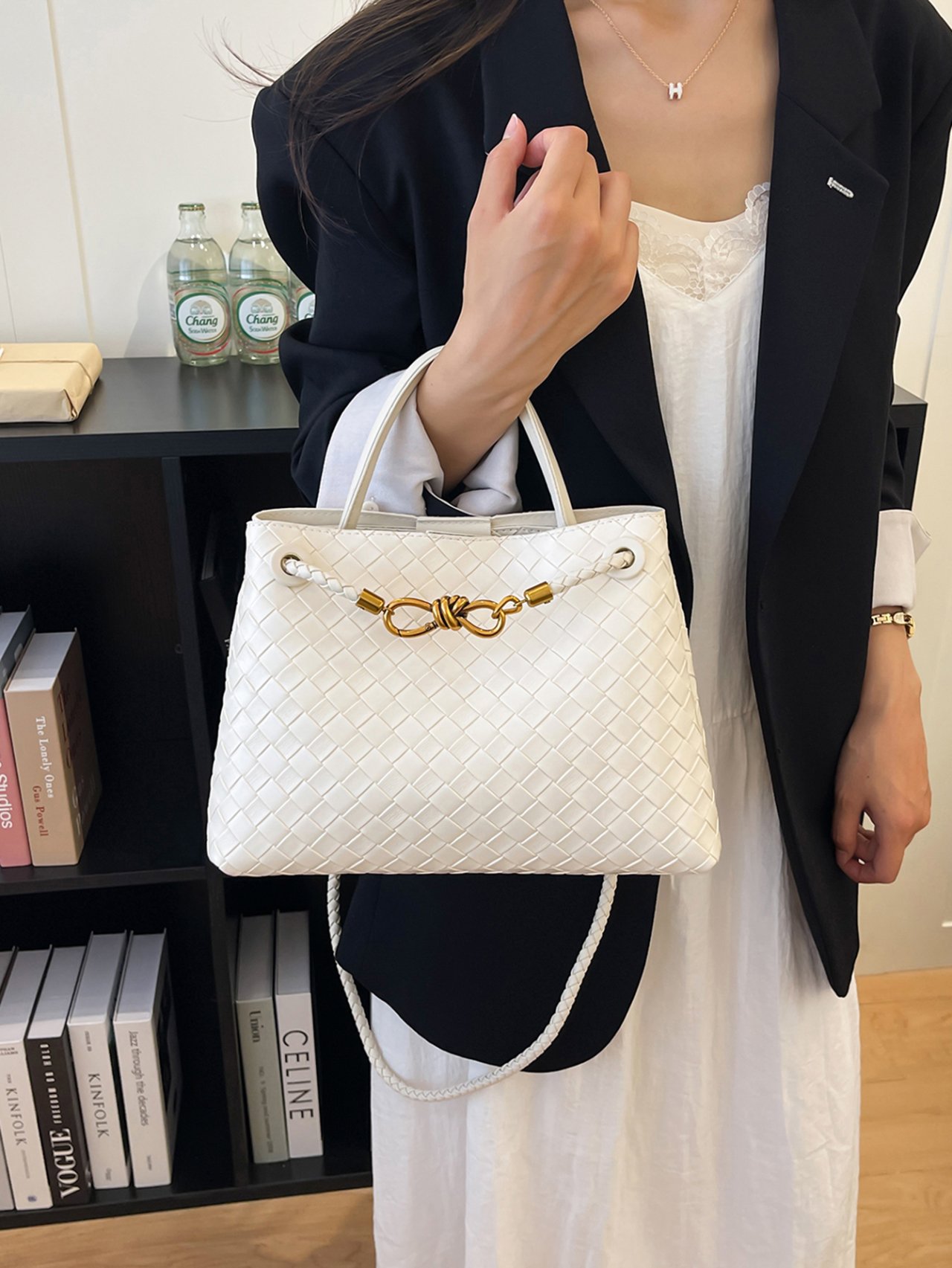 White Woven Shoulder Bag with Gold Knot Detail