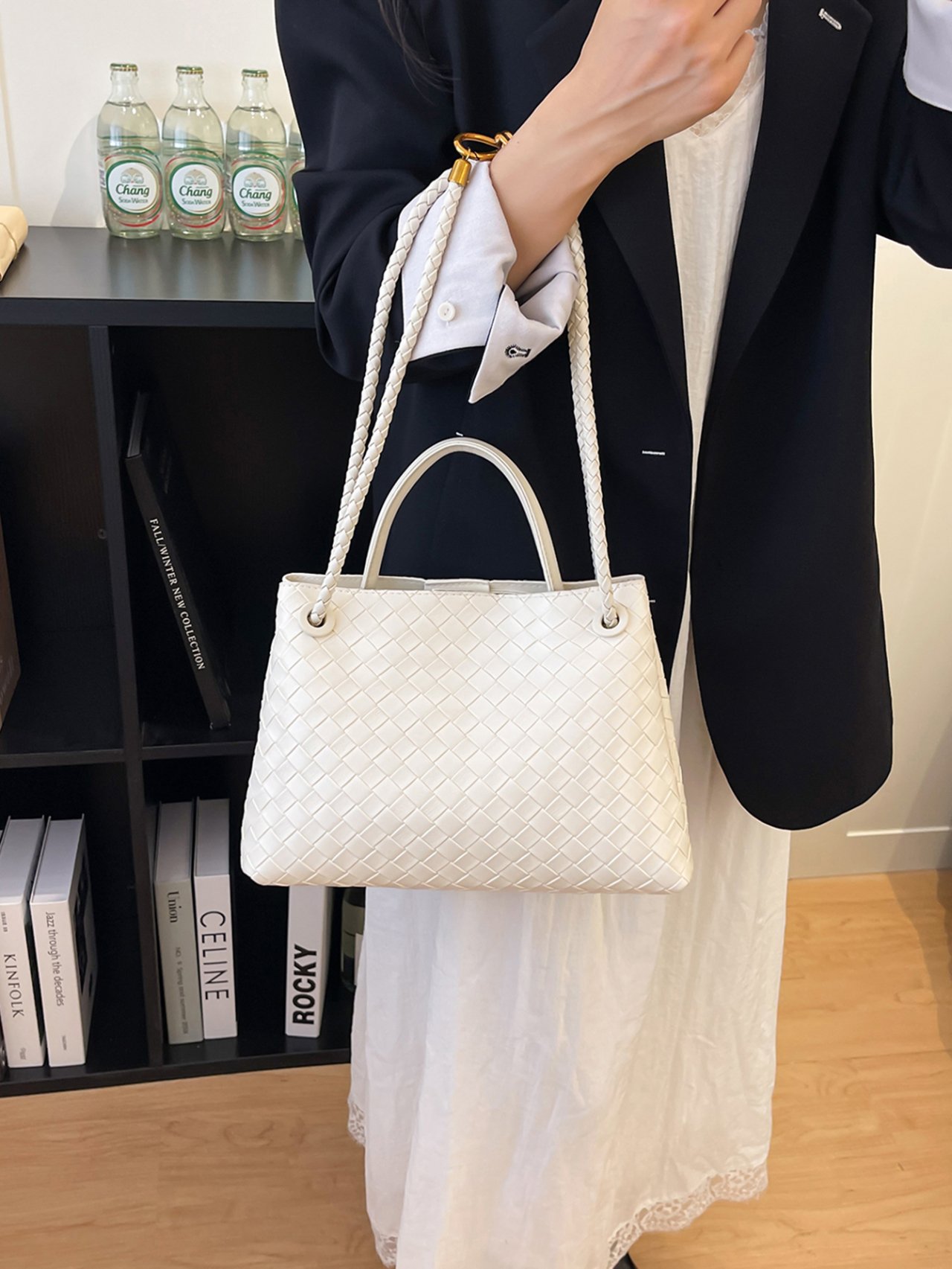 White Woven Shoulder Bag with Gold Knot Detail
