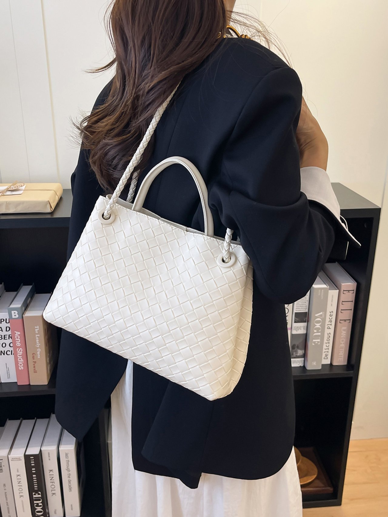 White Woven Shoulder Bag with Gold Knot Detail