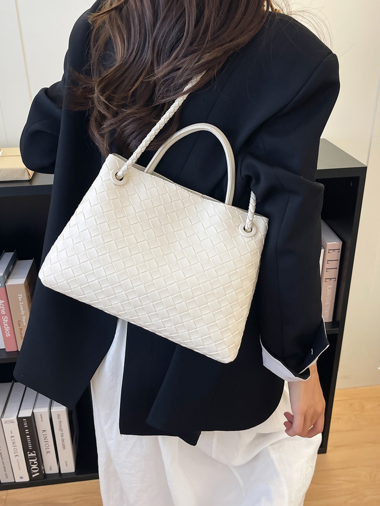 White Woven Shoulder Bag with Gold Knot Detail
