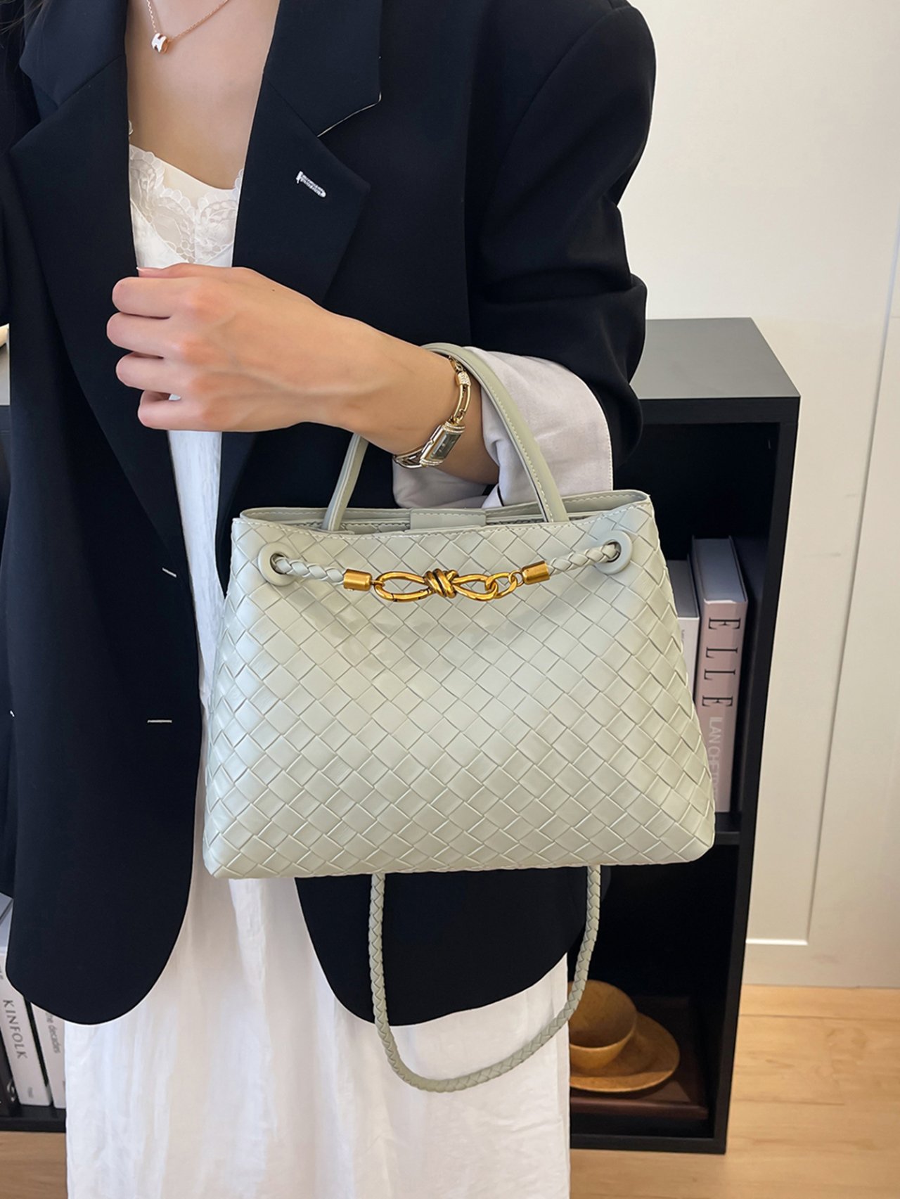 Green Woven Shoulder Bag with Gold Accent