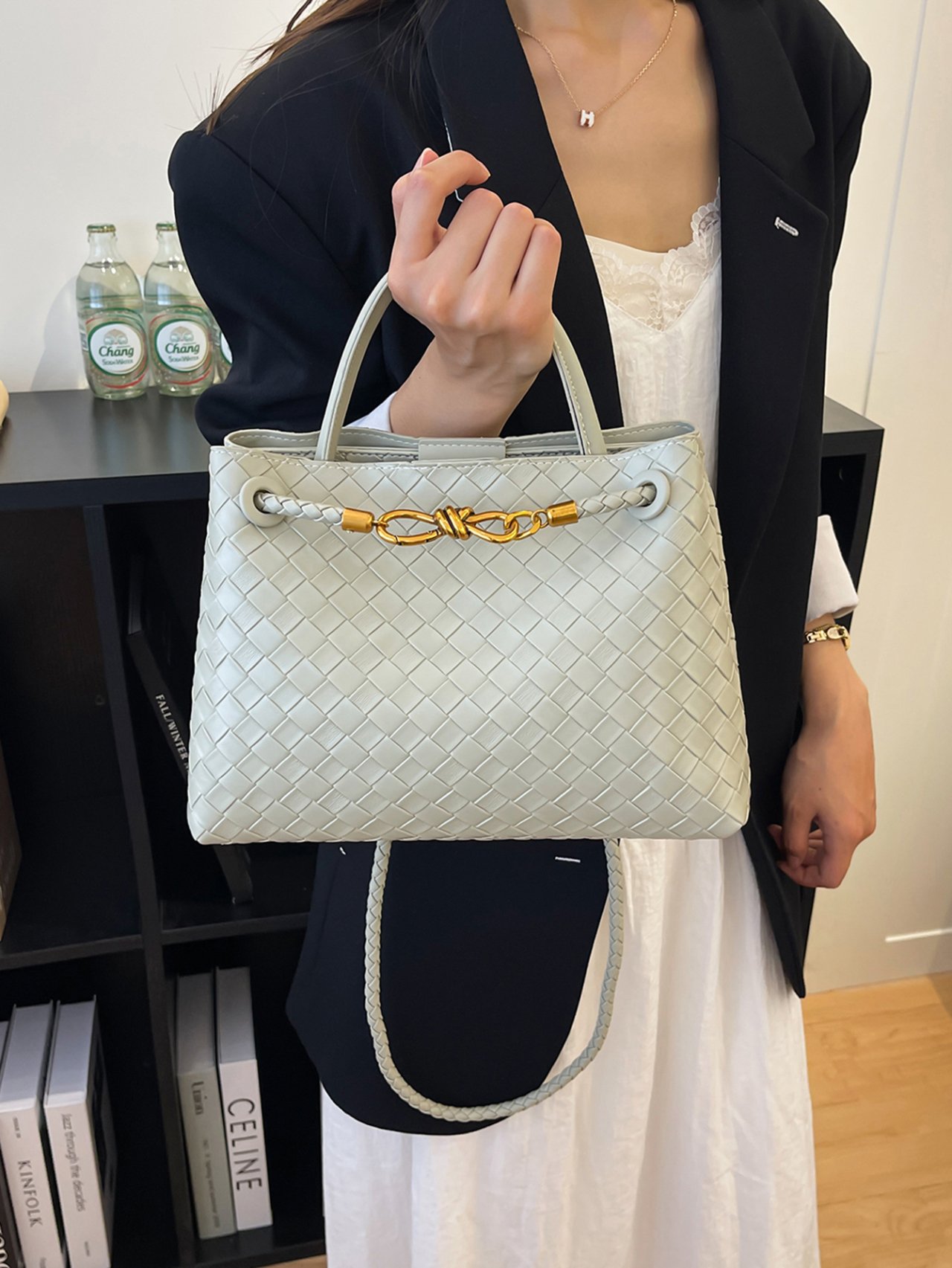 Green Woven Shoulder Bag with Gold Accent