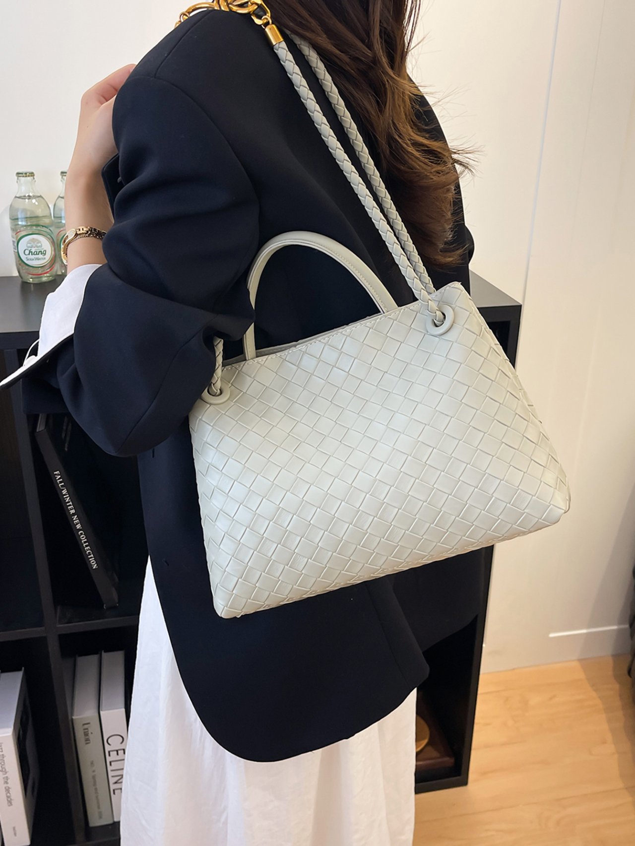 Green Woven Shoulder Bag with Gold Accent