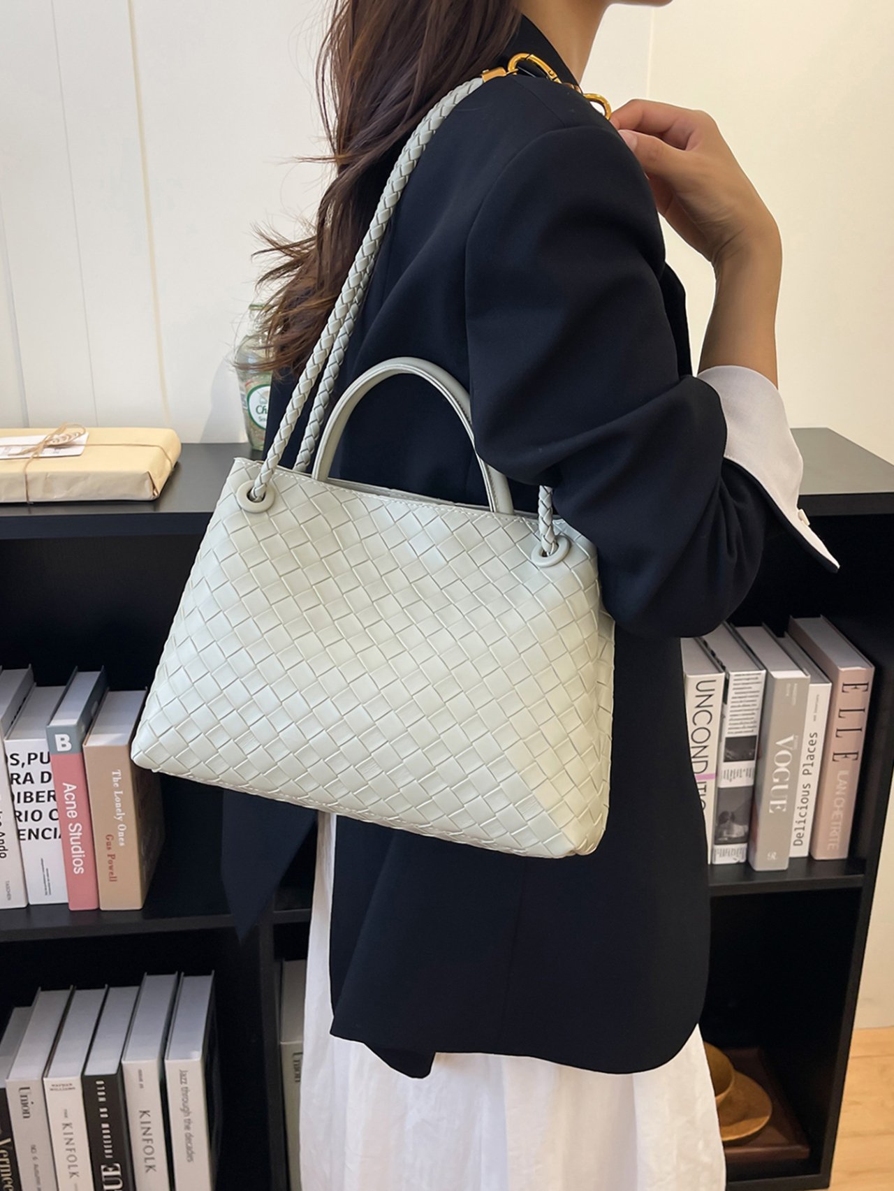 Green Woven Shoulder Bag with Gold Accent
