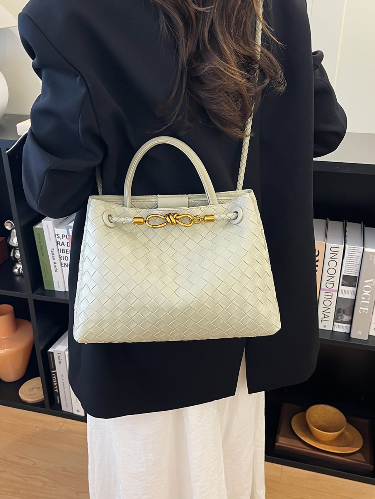 Green Woven Shoulder Bag with Gold Accent