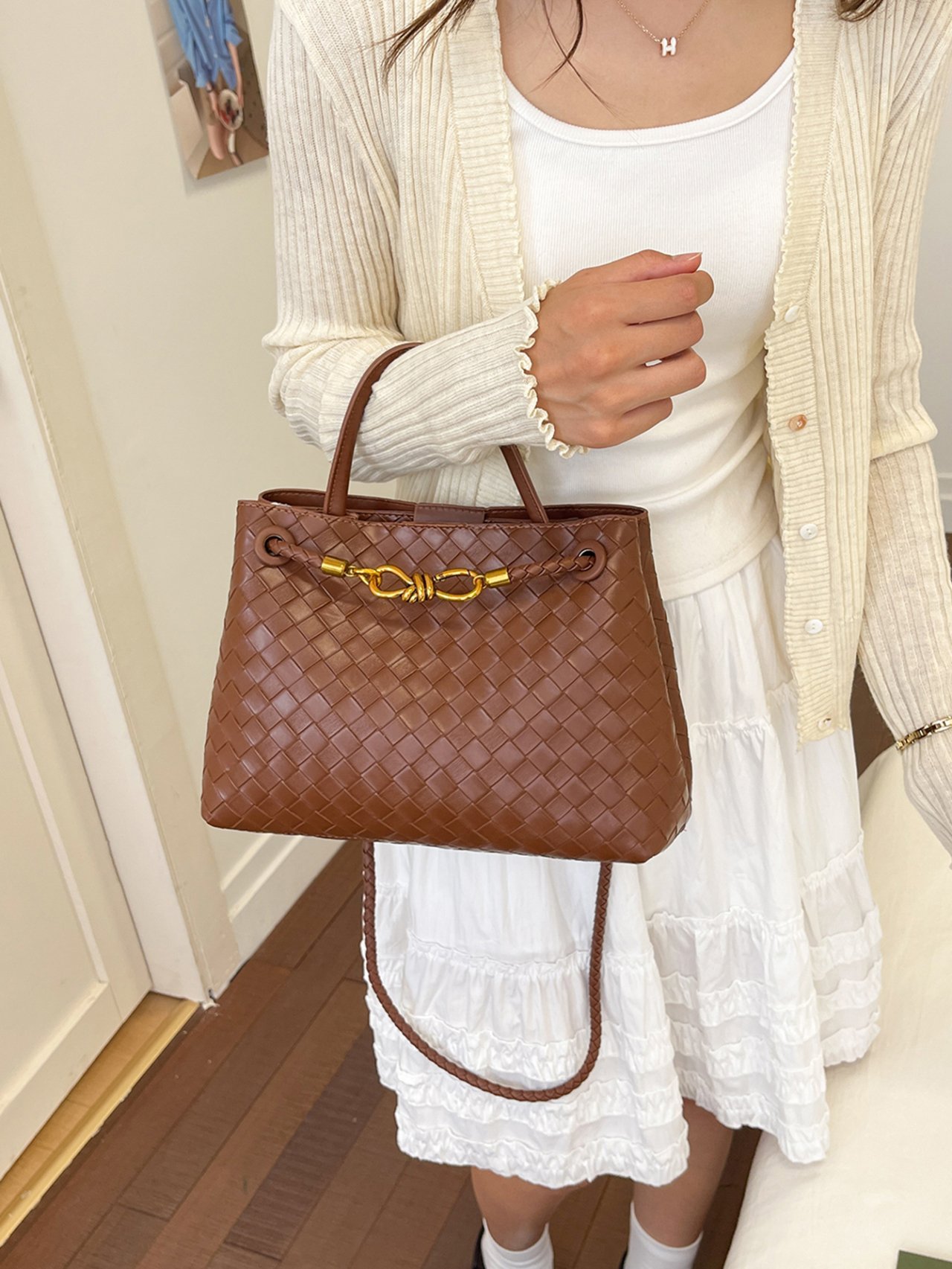 Brown Woven Shoulder Bag with Golden Knot Detail