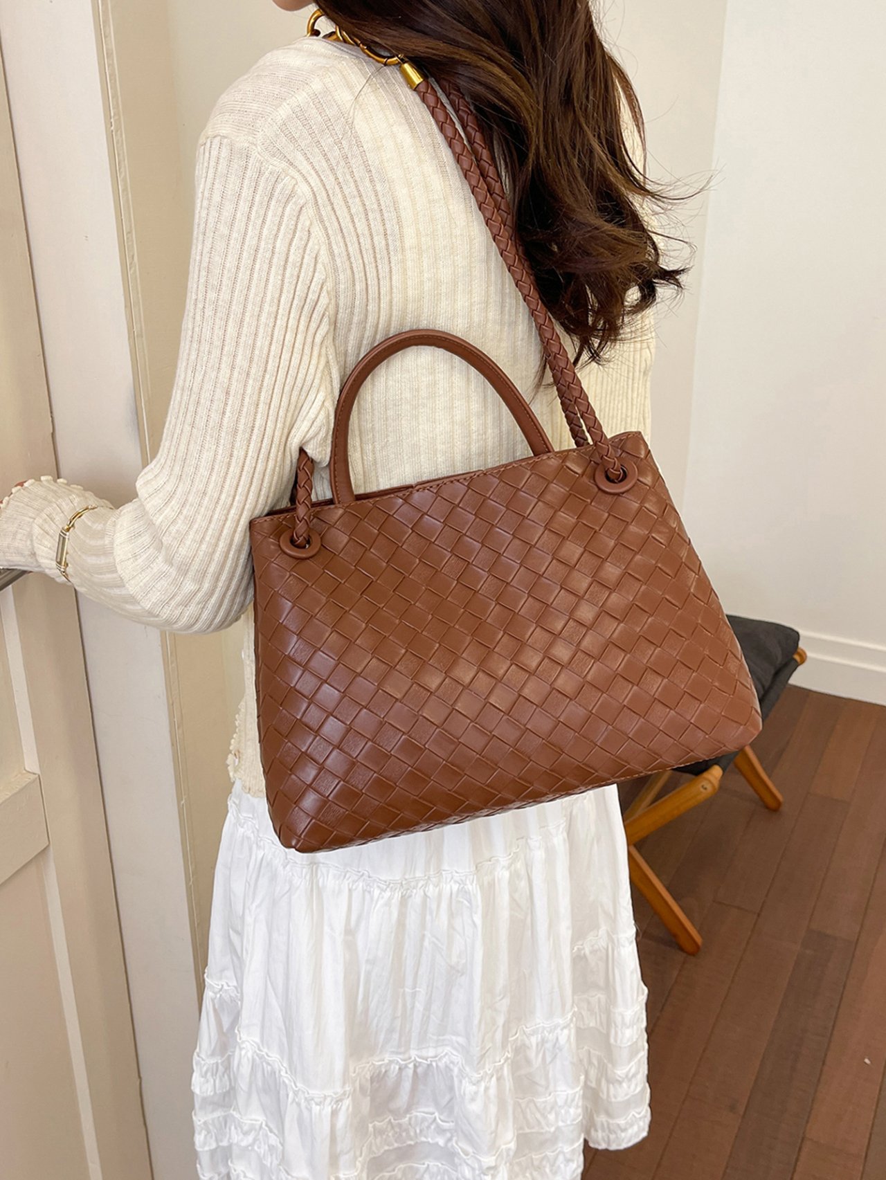Brown Woven Shoulder Bag with Golden Knot Detail