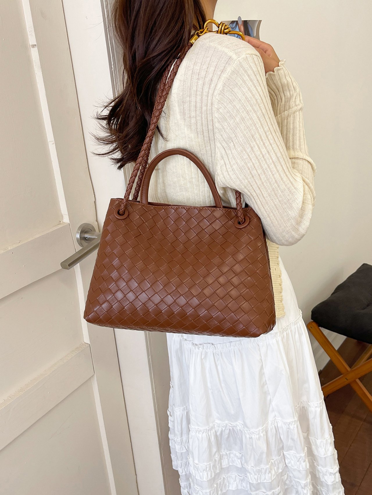 Brown Woven Shoulder Bag with Golden Knot Detail