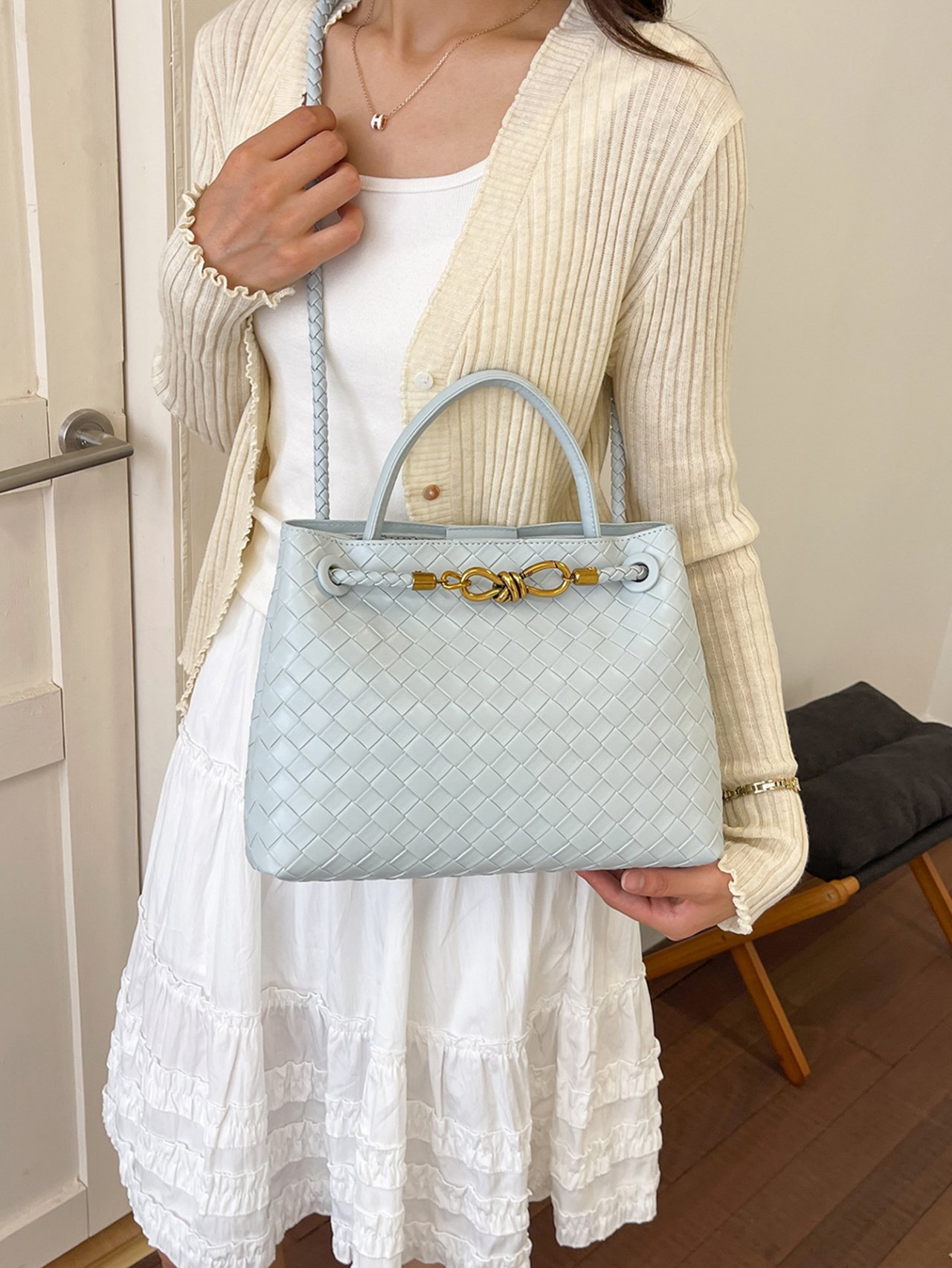 Sky Blue Woven Shoulder Bag with Gold Accents