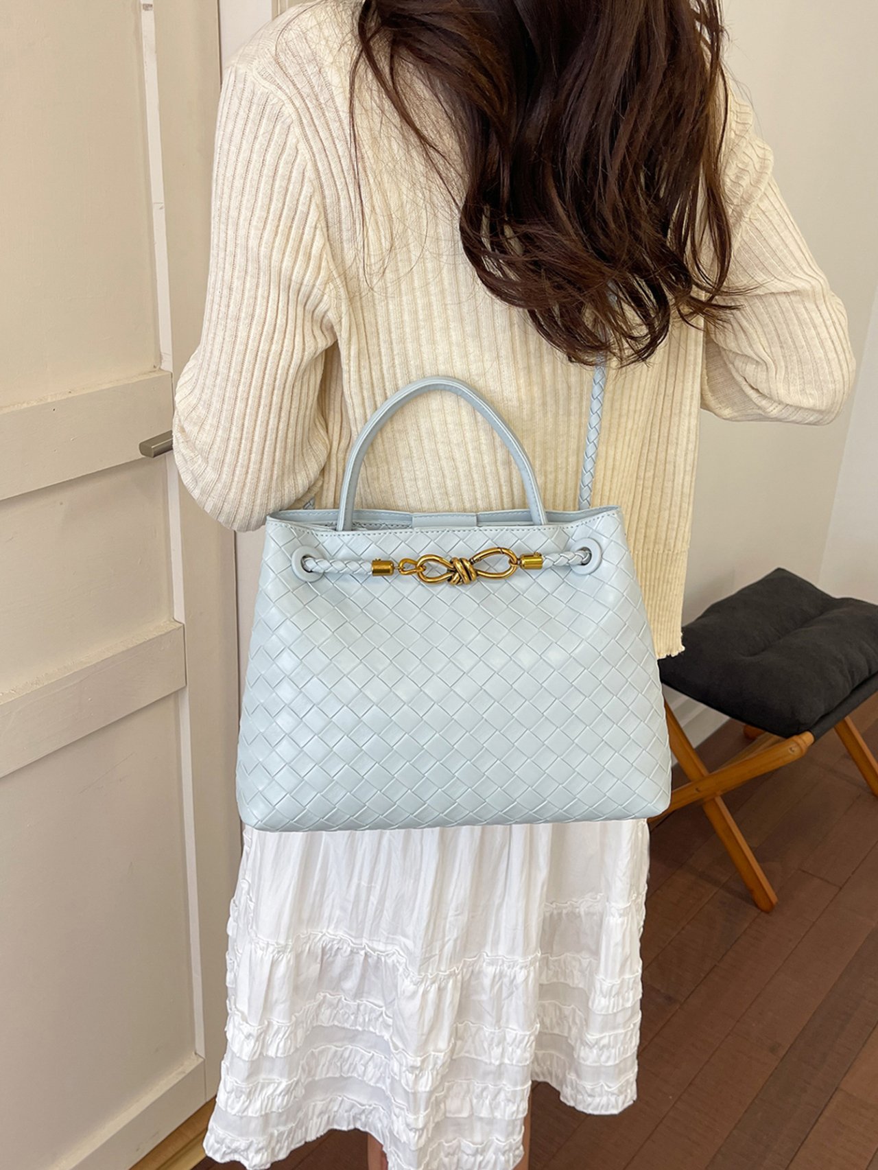 Sky Blue Woven Shoulder Bag with Gold Accents