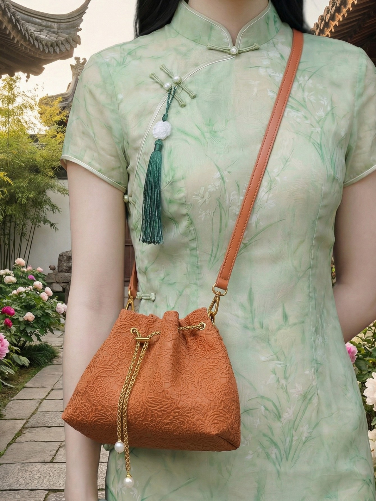 Rust Embossed Drawstring Crossbody Bag