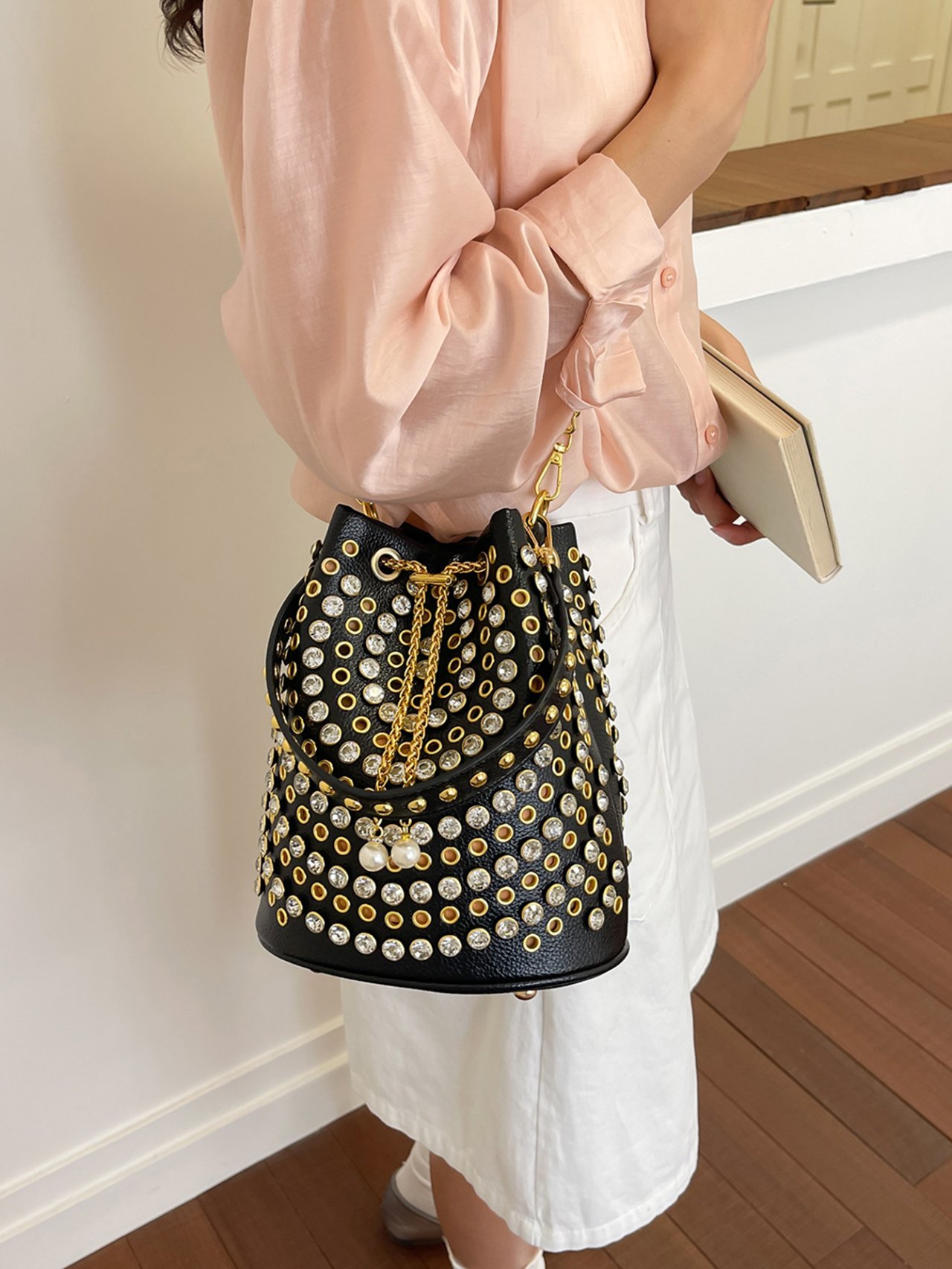 Black Embellished Crossbody Bag with Pearl Charm
