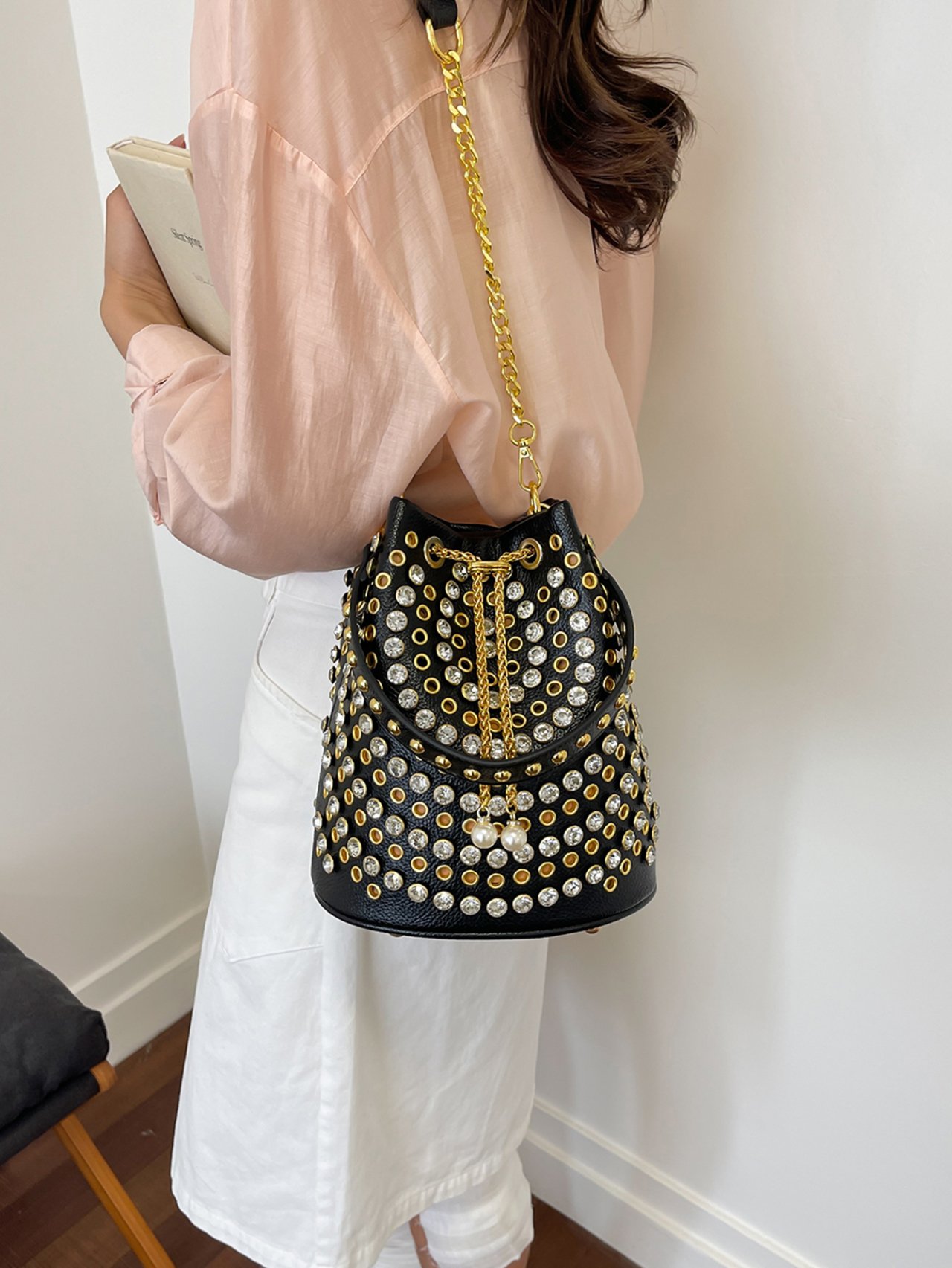 Black Embellished Crossbody Bag with Pearl Charm