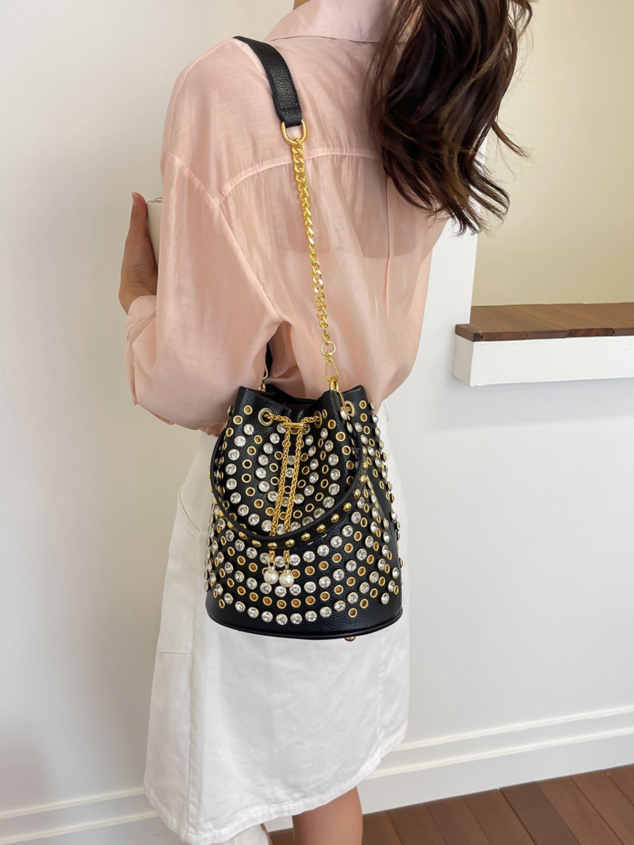 Black Embellished Crossbody Bag with Pearl Charm