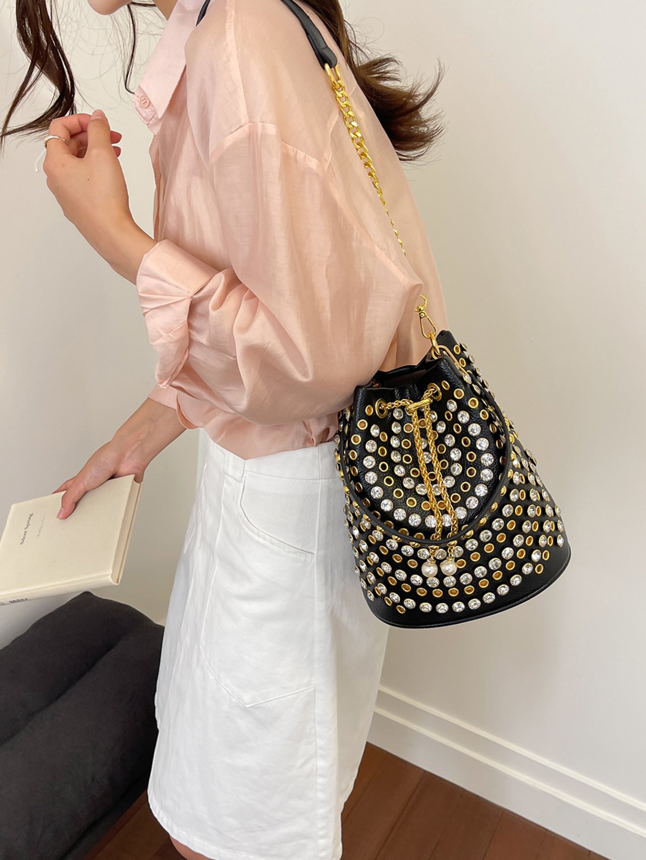 Black Embellished Crossbody Bag with Pearl Charm