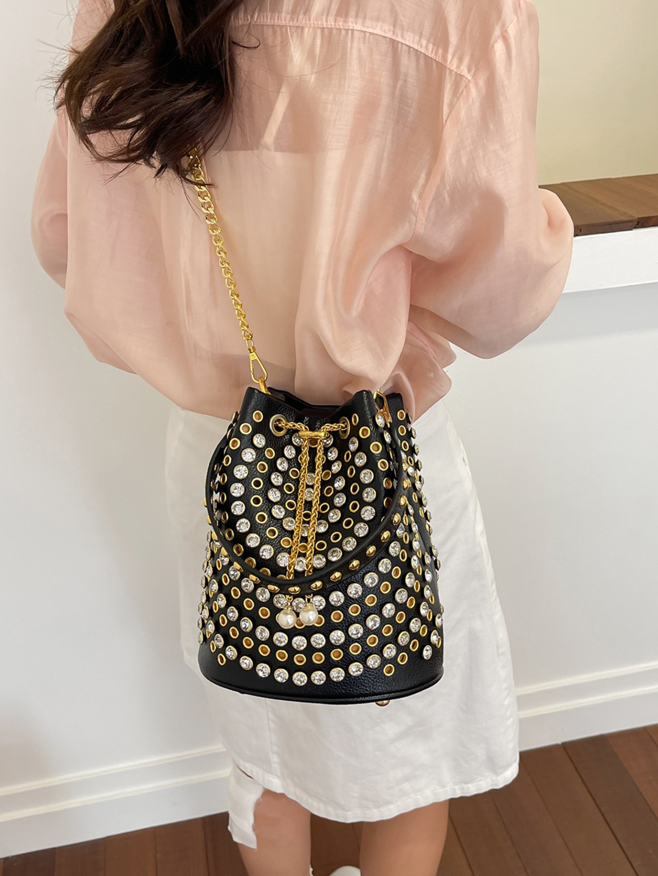 Black Embellished Crossbody Bag with Pearl Charm