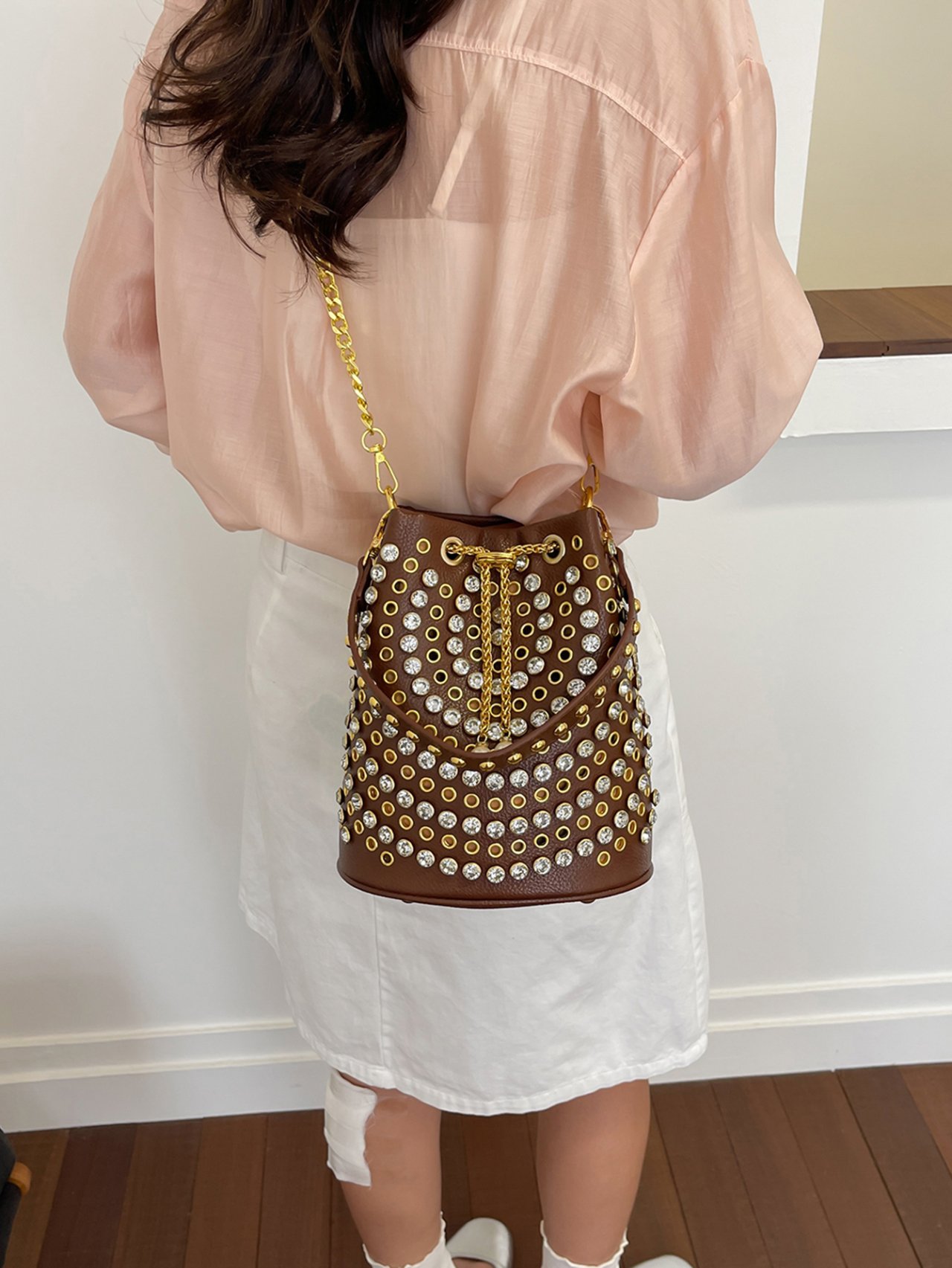 Brown Studded Crossbody Bag with Chain Strap