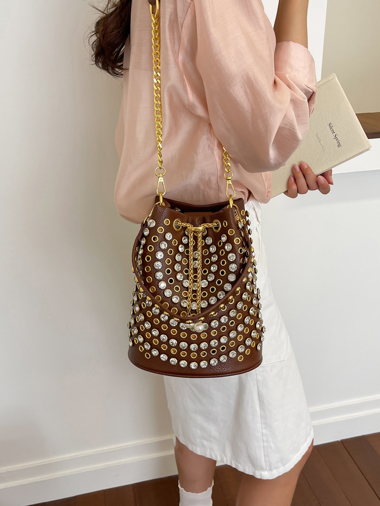 Brown Studded Crossbody Bag with Chain Strap