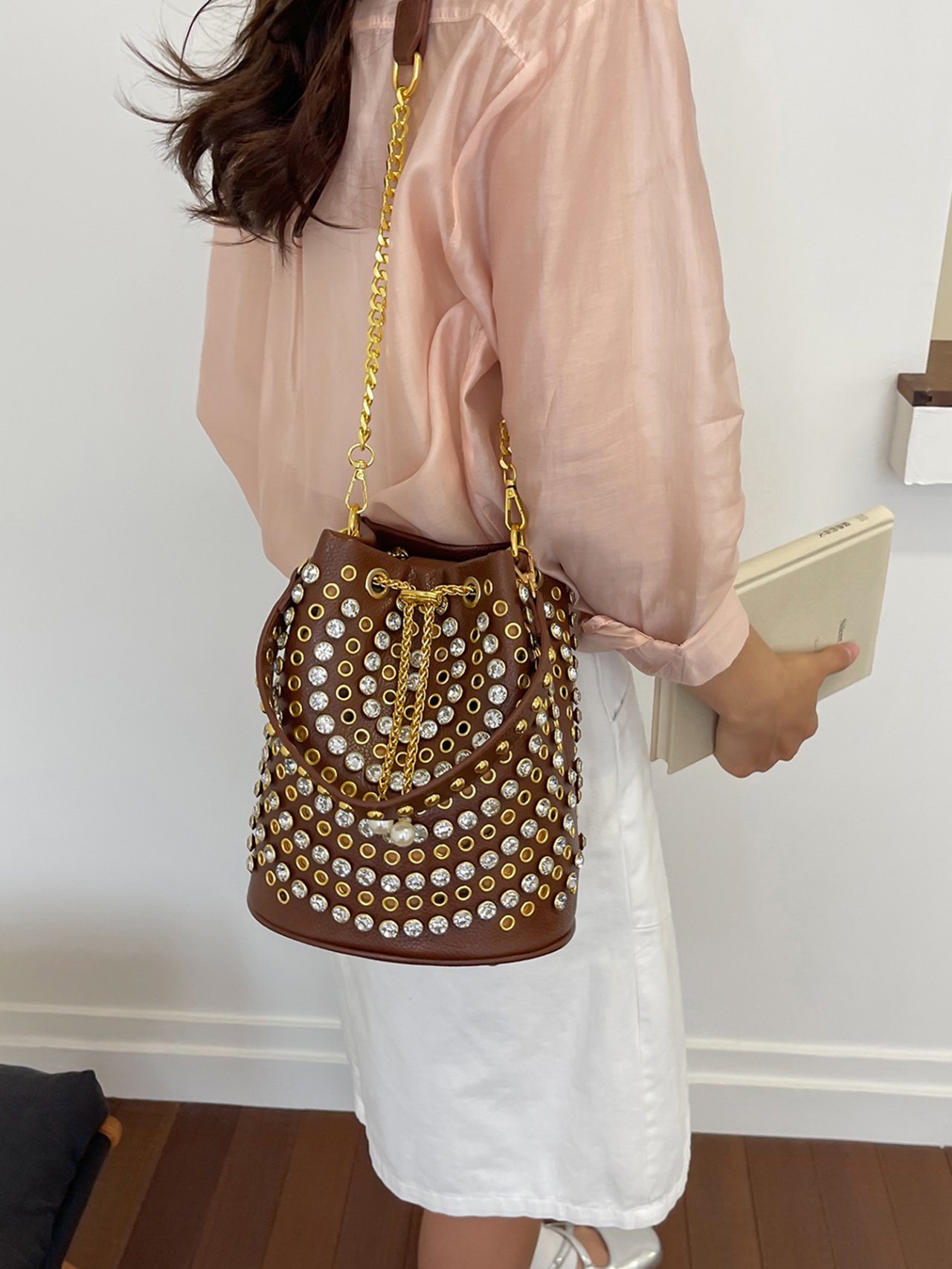 Brown Studded Crossbody Bag with Chain Strap