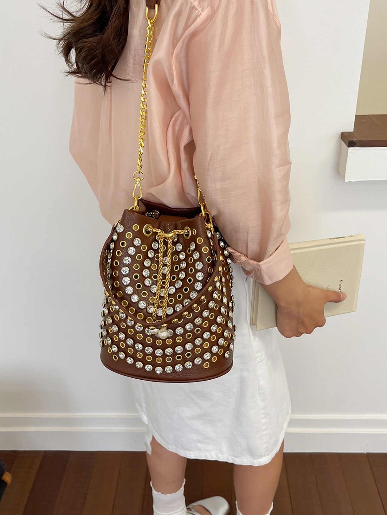 Brown Studded Crossbody Bag with Chain Strap