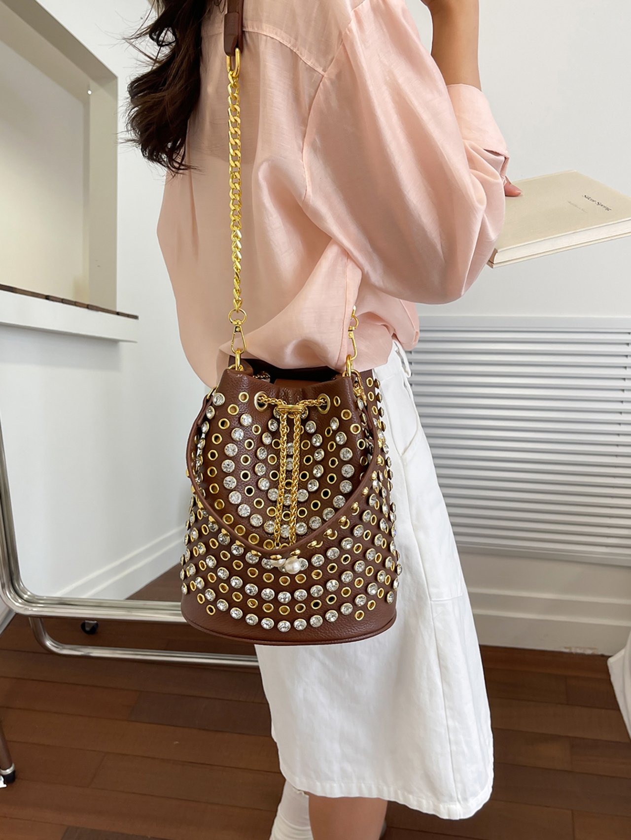 Brown Studded Crossbody Bag with Chain Strap