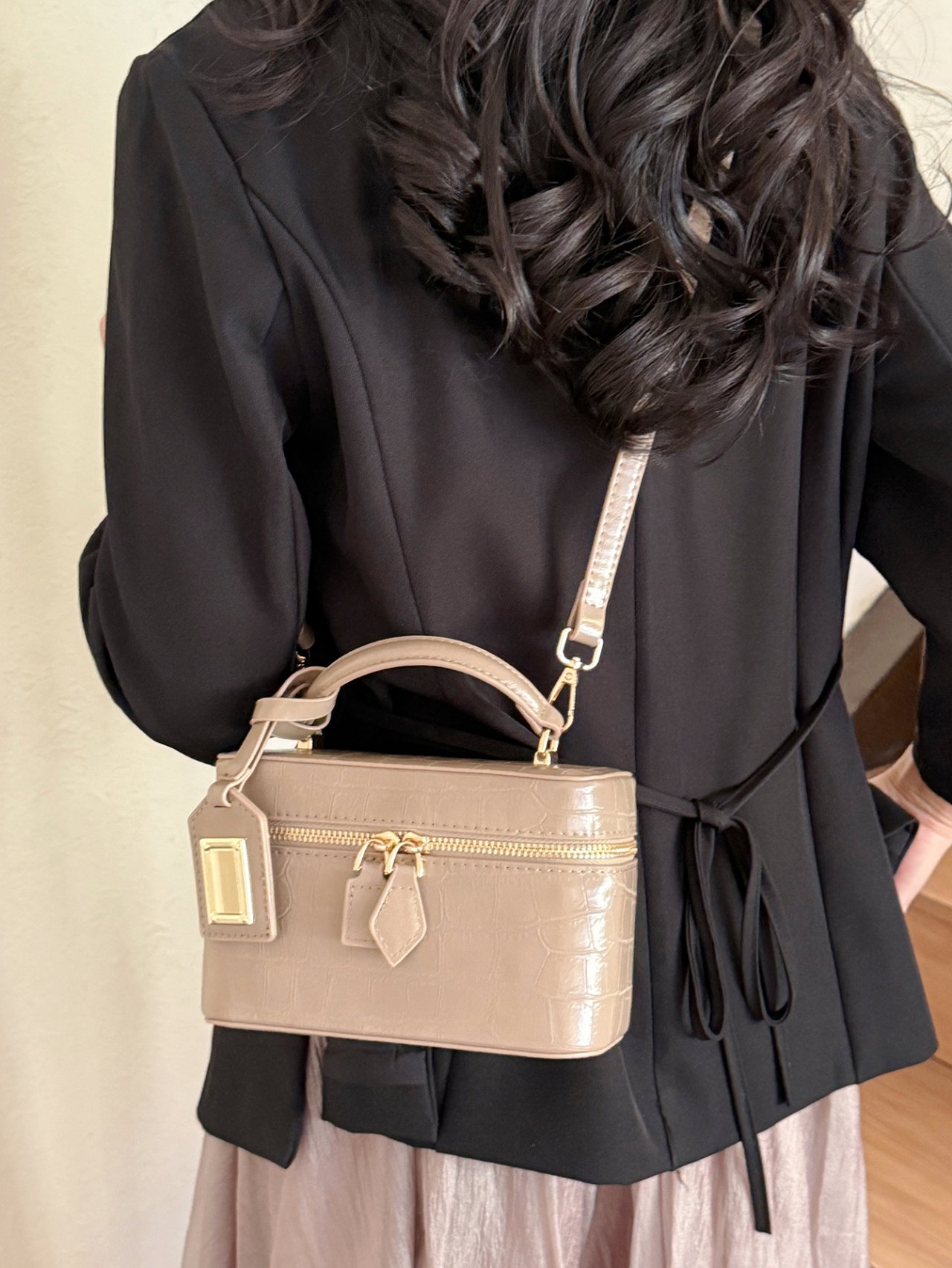 Khaki Croc-Embossed Crossbody Bag