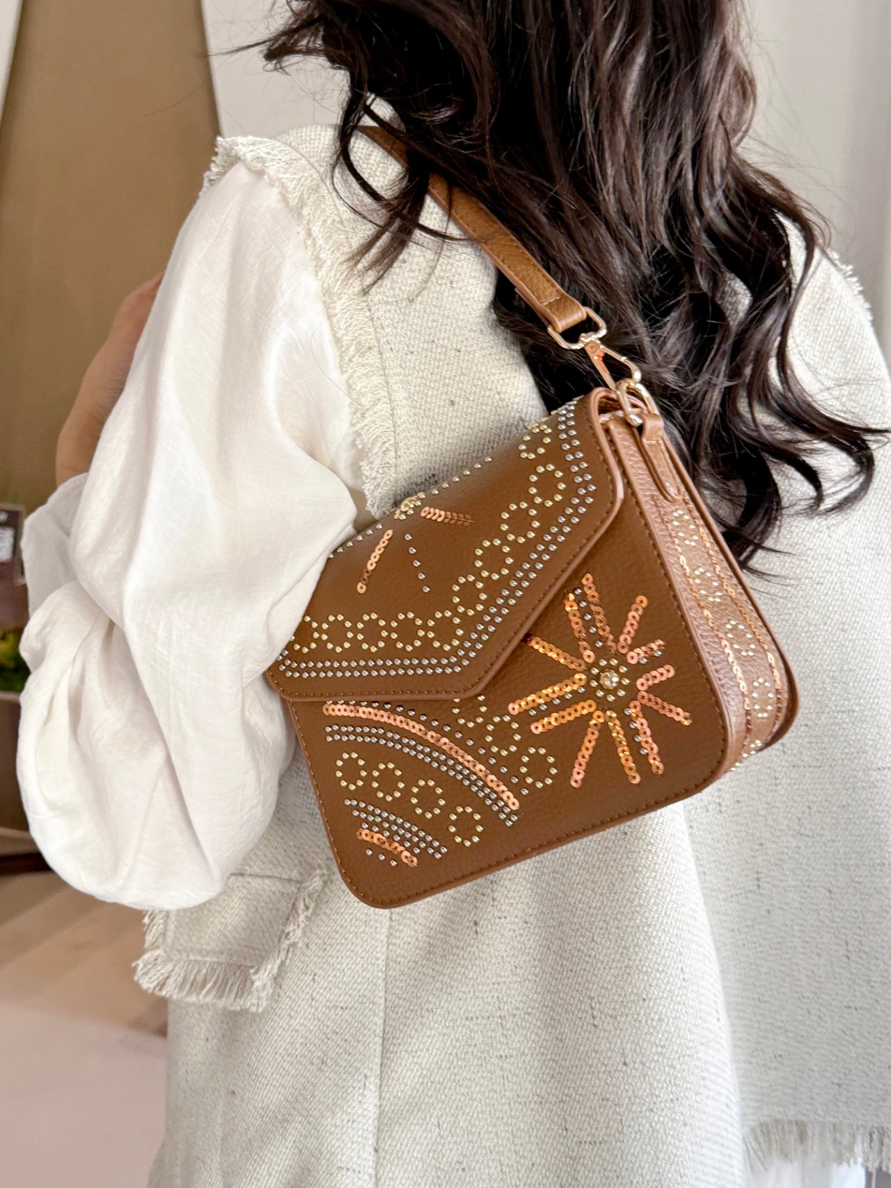 Khaki Embellished Shoulder Bag