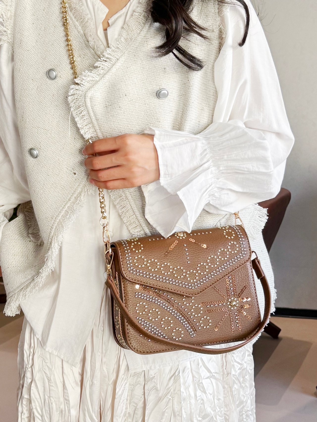 Khaki Embellished Shoulder Bag