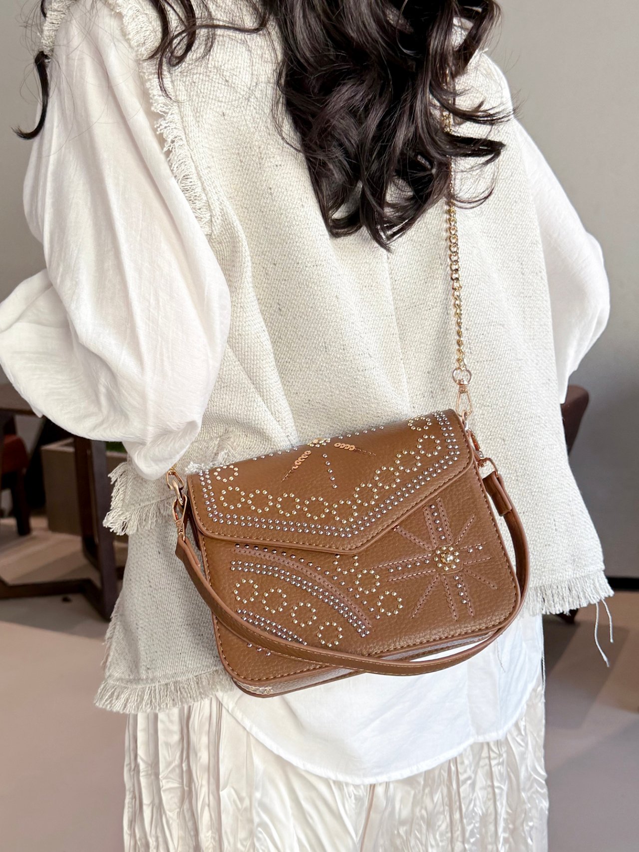 Khaki Embellished Shoulder Bag
