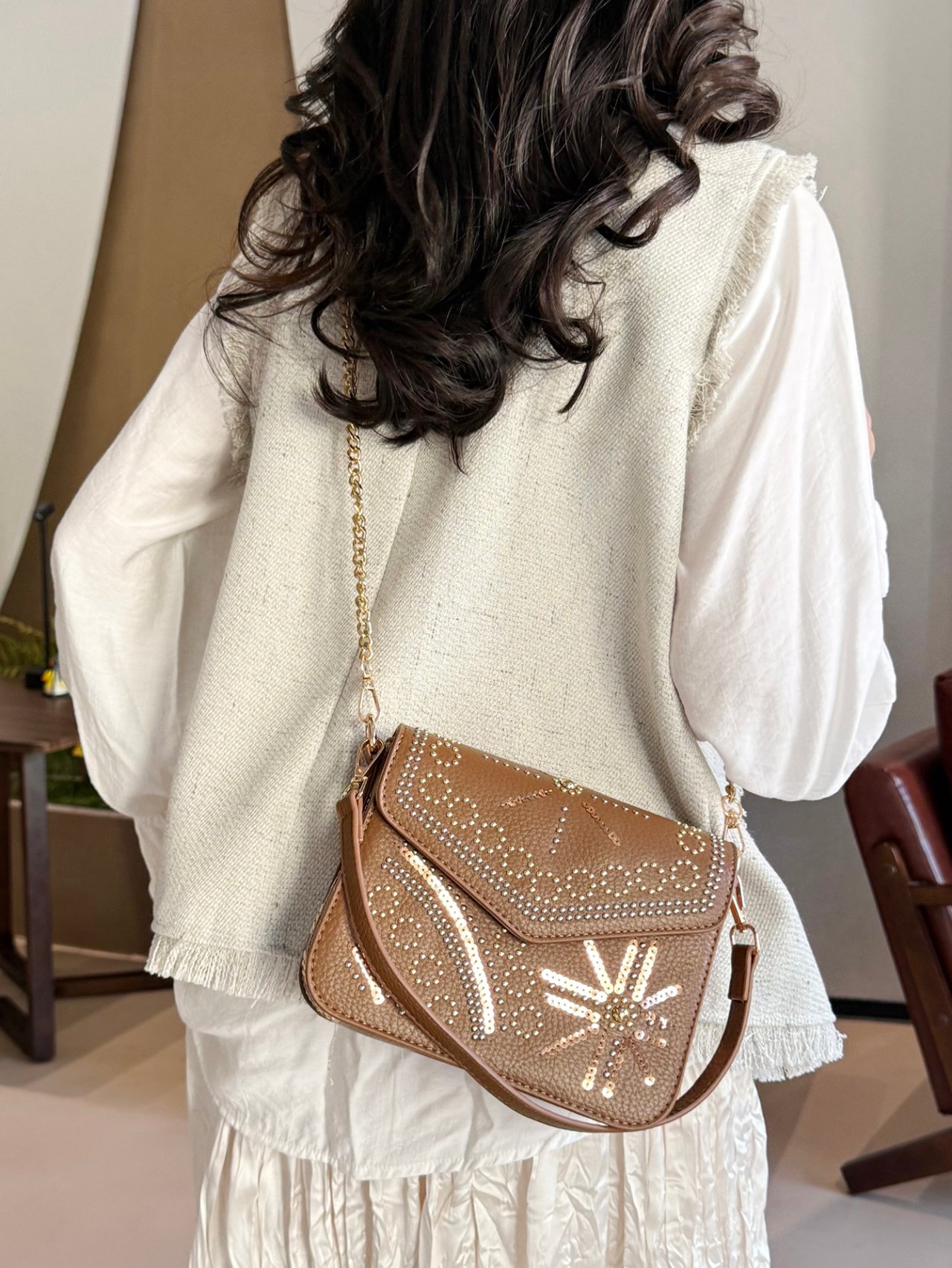 Khaki Embellished Shoulder Bag