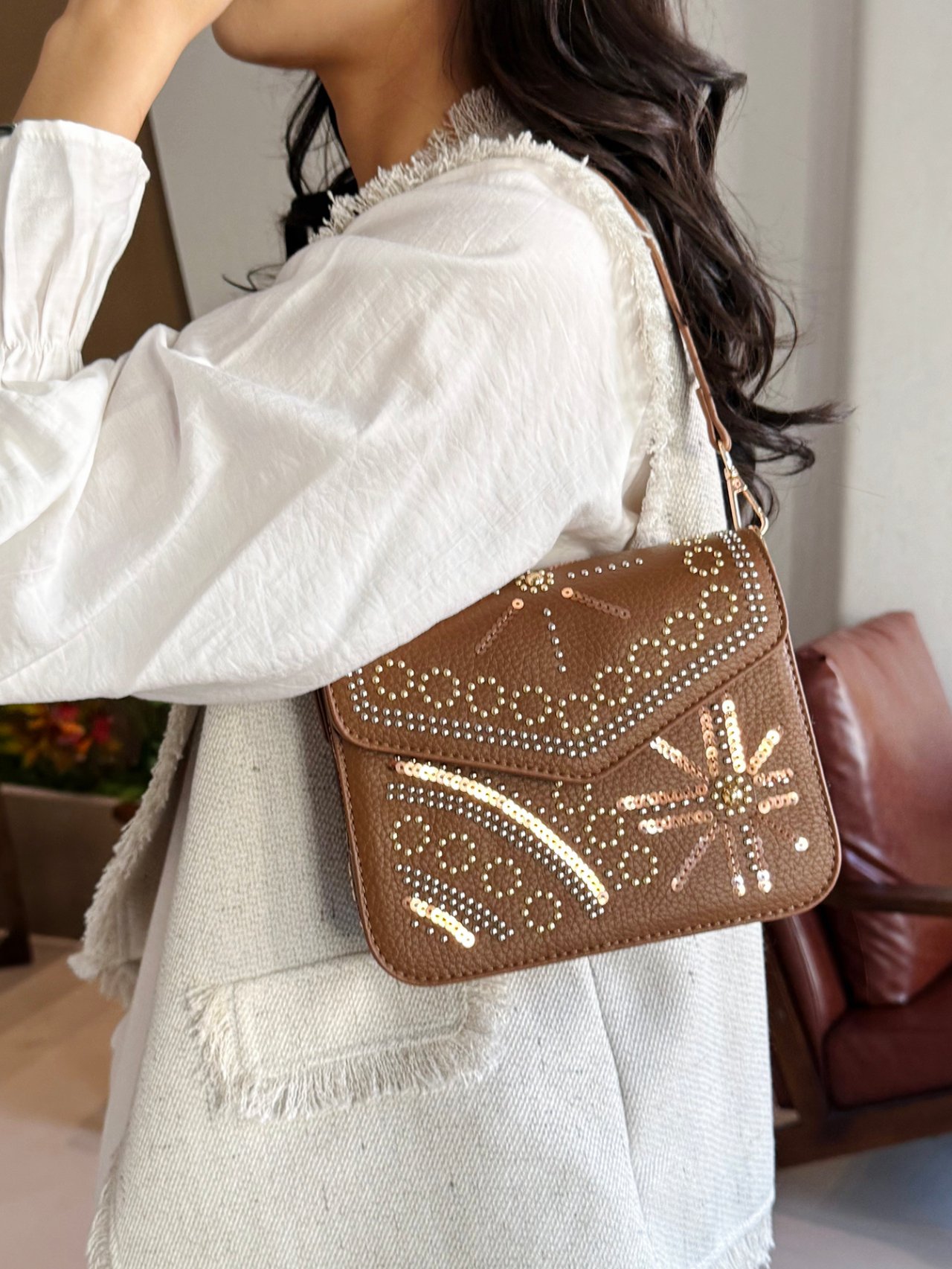 Khaki Embellished Shoulder Bag