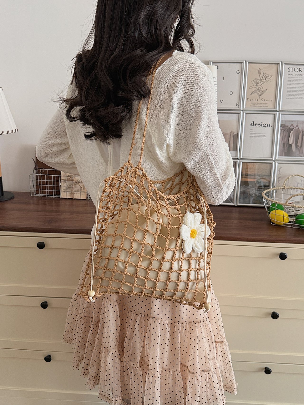 Khaki Woven Net Shoulder Bag with Daisy Charm