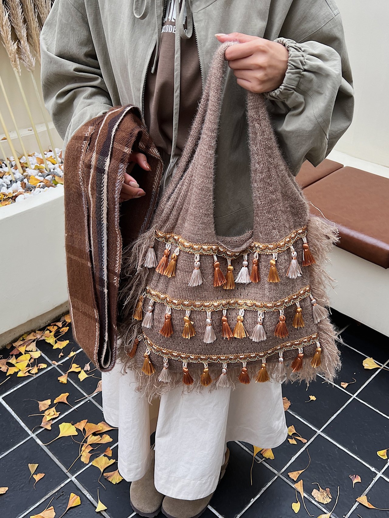 Khaki Tassel Knit Shoulder Bag