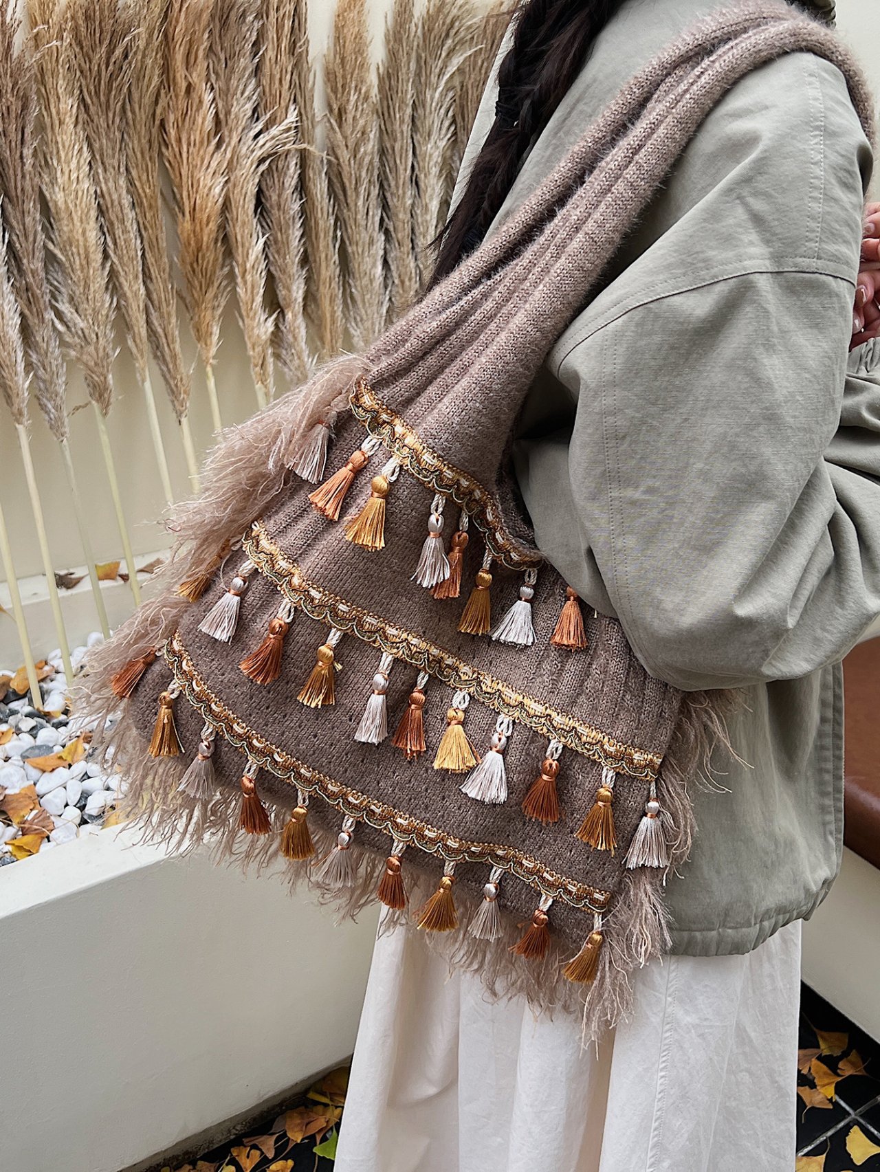 Khaki Tassel Knit Shoulder Bag