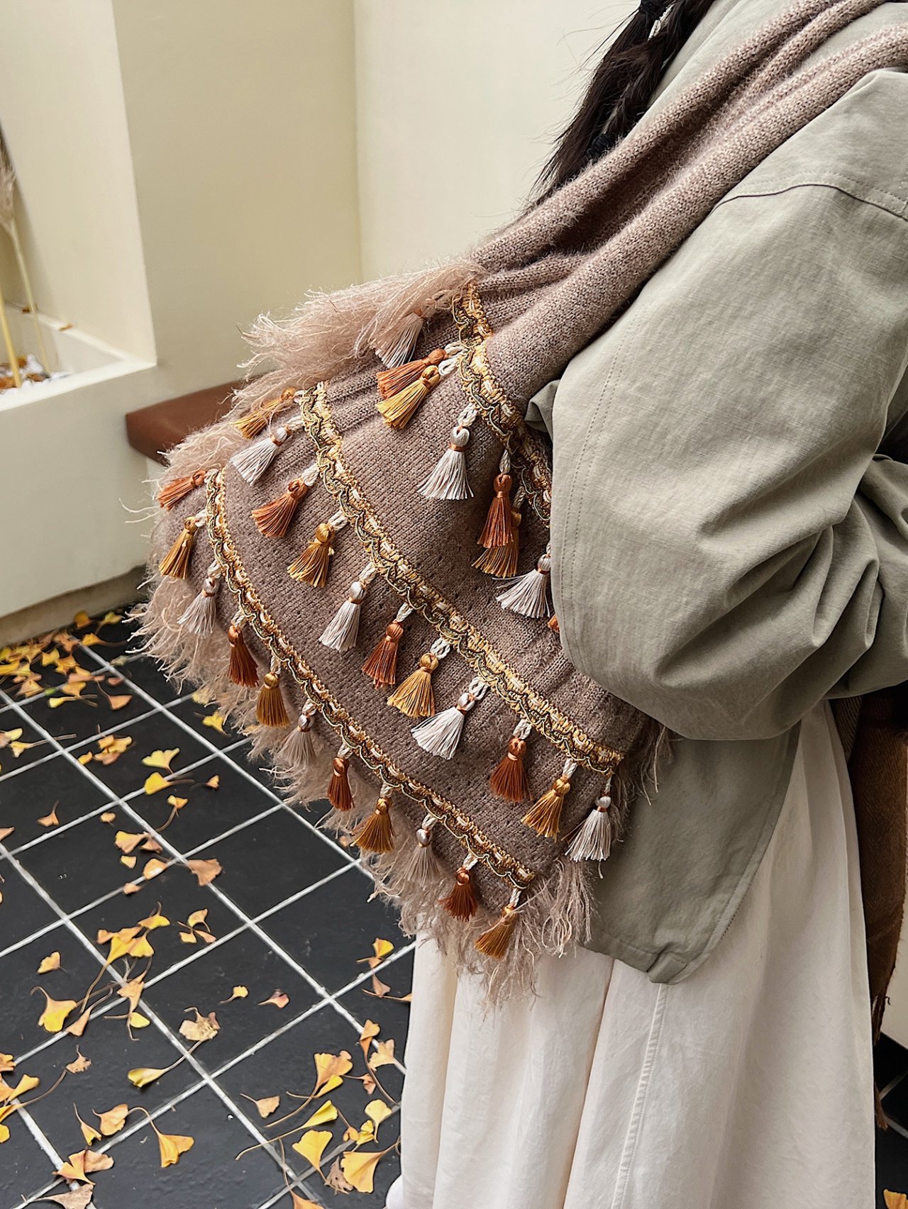 Khaki Tassel Knit Shoulder Bag