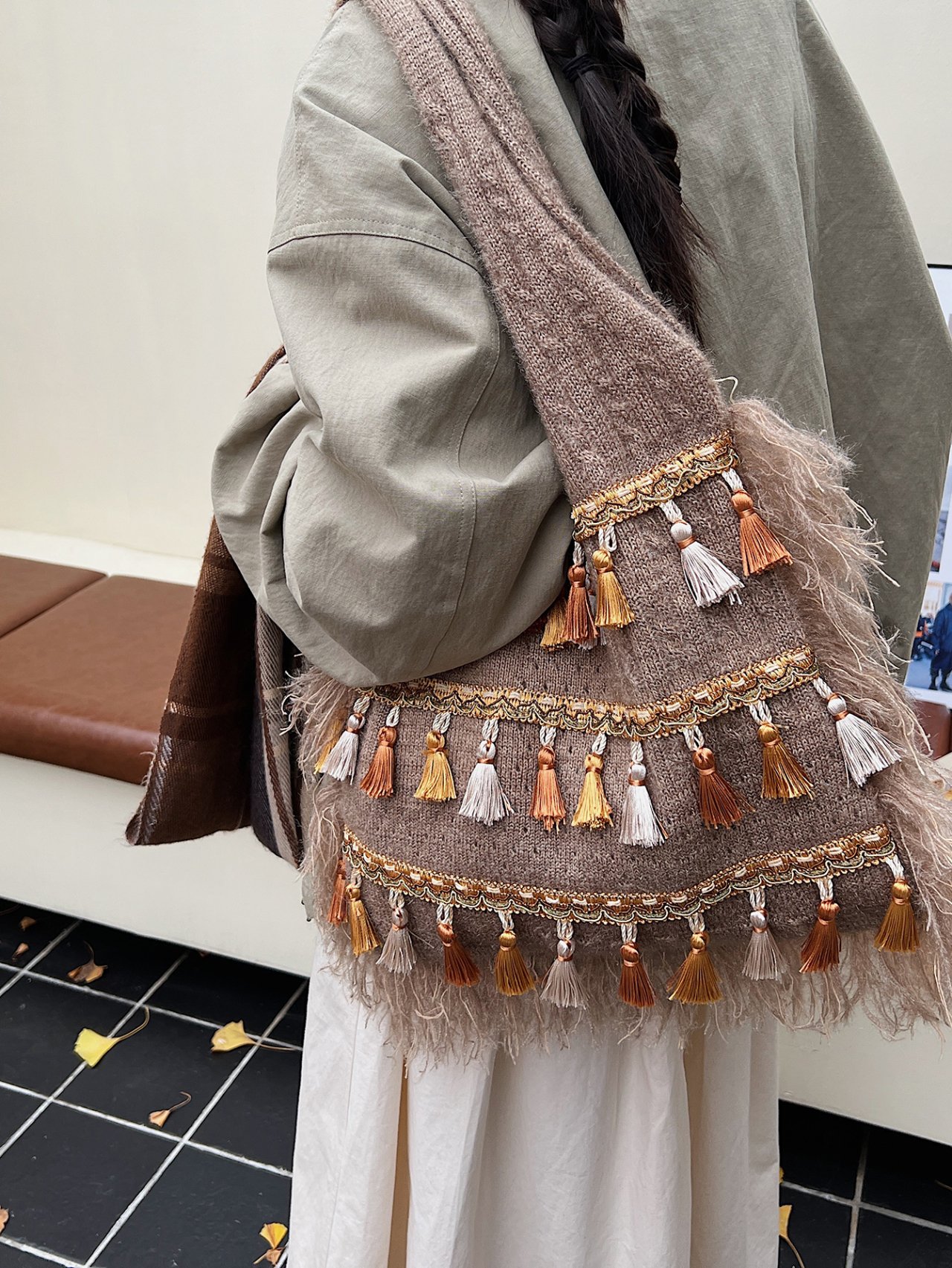 Khaki Tassel Knit Shoulder Bag