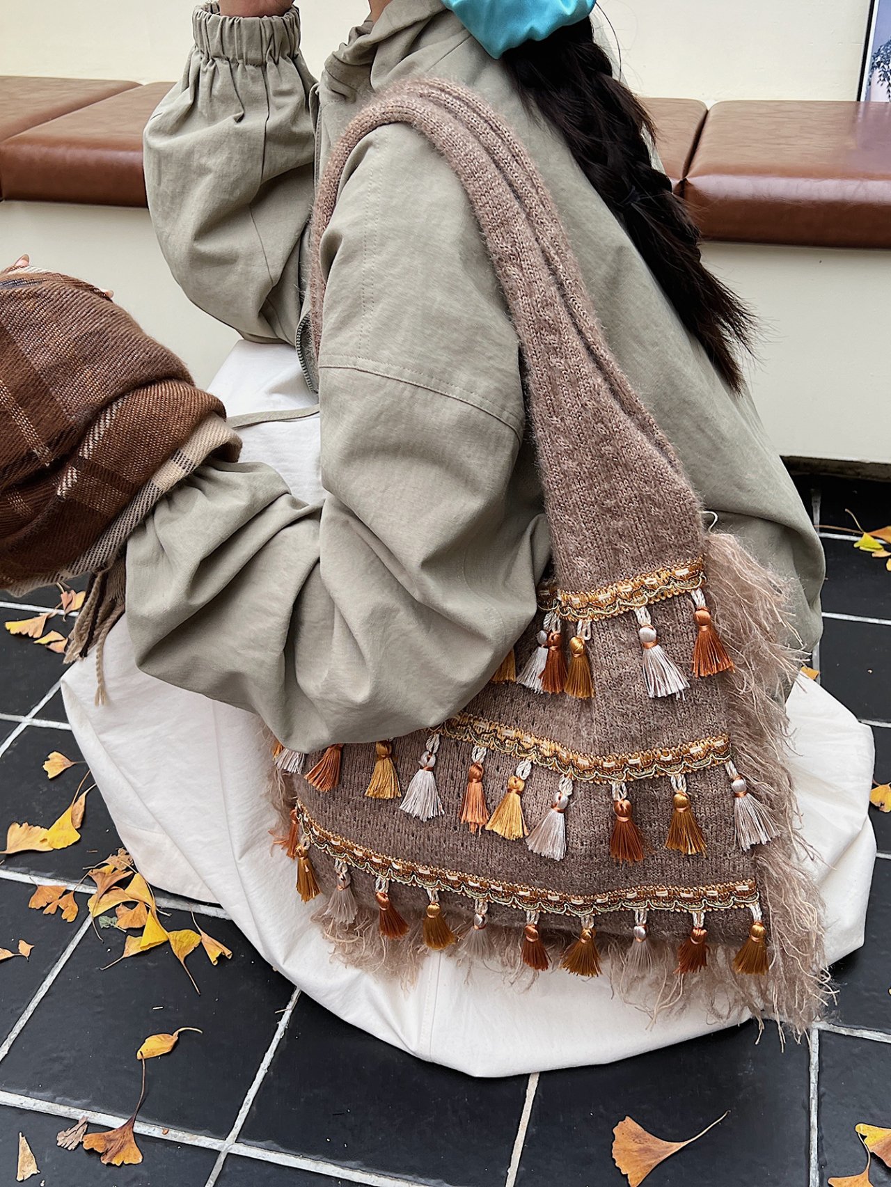 Khaki Tassel Knit Shoulder Bag