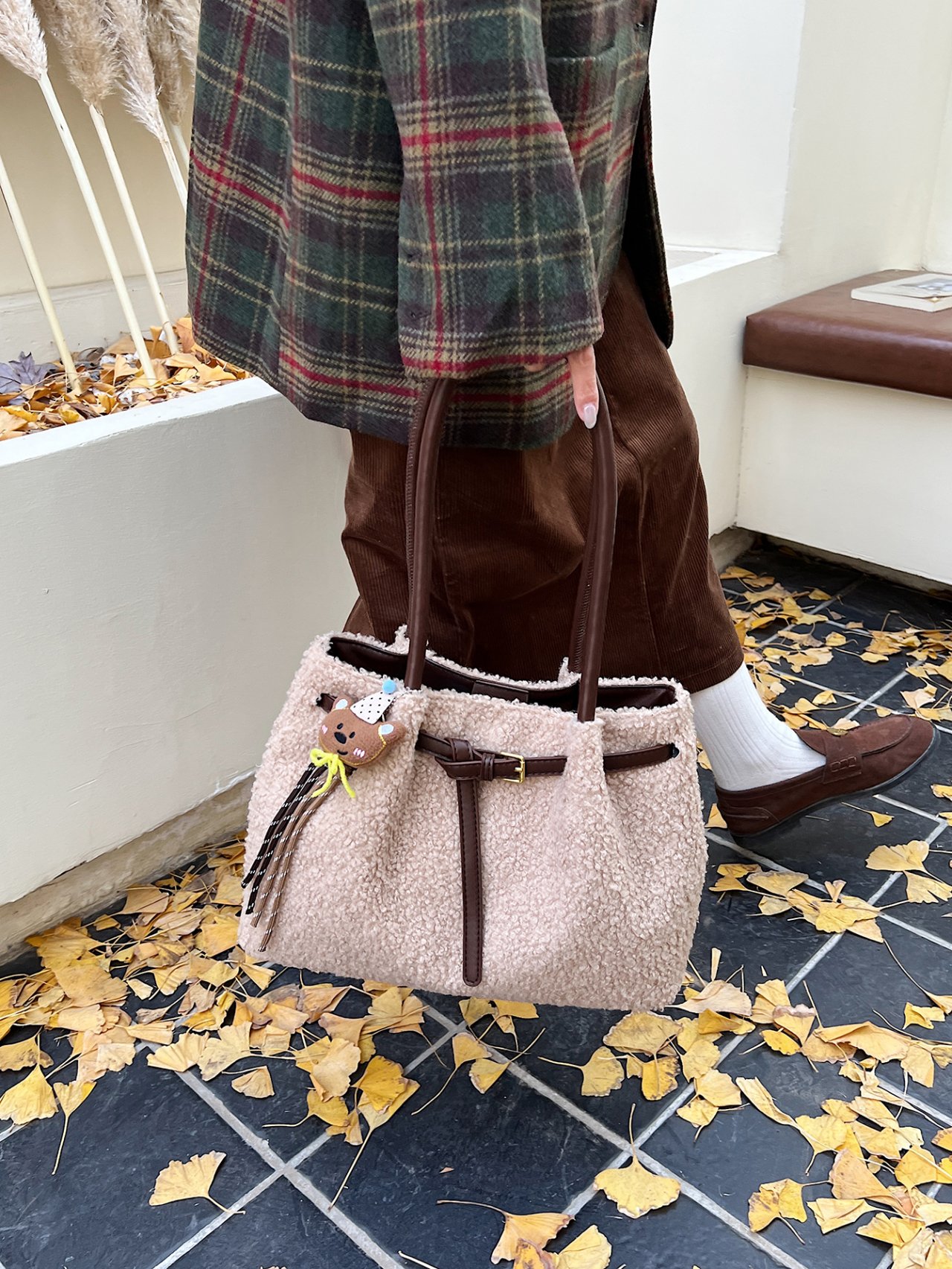 Khaki Teddy Fleece Shoulder Bag