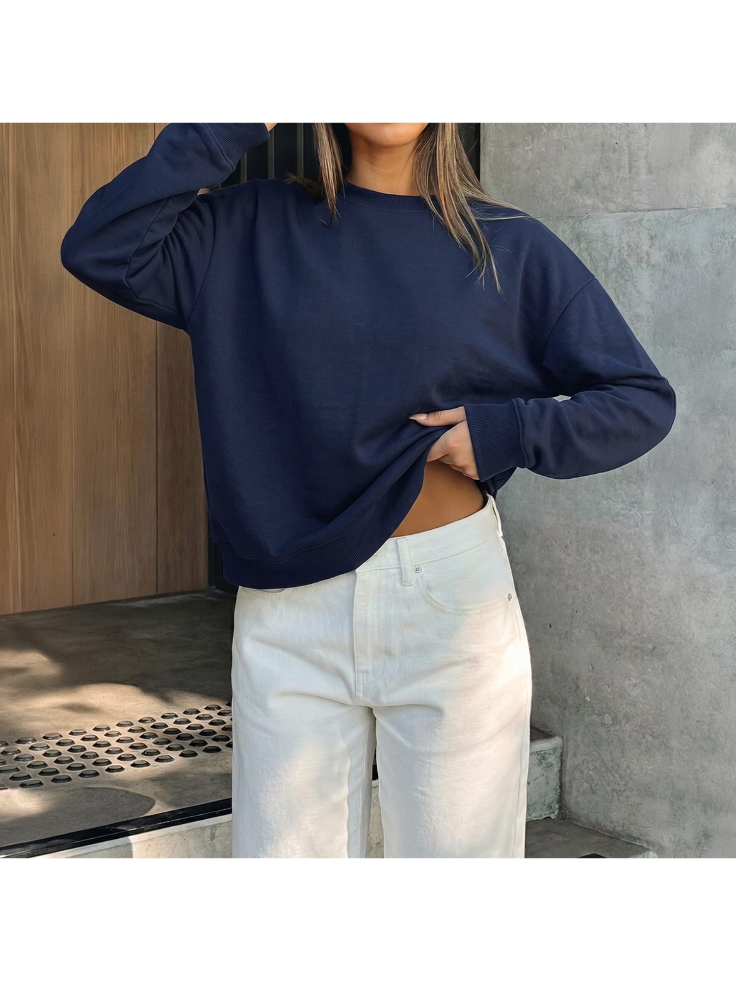 Navy Blue Long-Sleeve Crewneck Sweatshirt