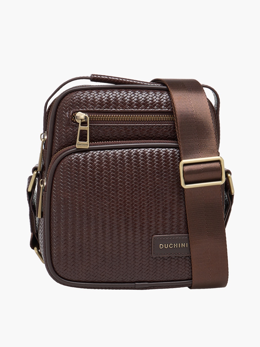 Men Chevron Textured Crossbody Bag with Zip Closure